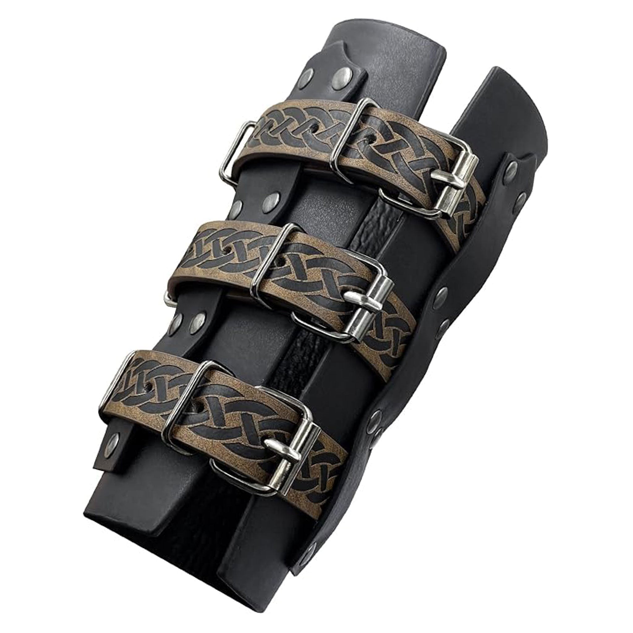 Leather faux-leather accessories arm-gear gauntlet arm-guard embossed adjustable buckle celtic-knot durable slim-fit functional stylish ergonomic fetish fashion alt-fashion alternative punk goth gothic festival renaissance renfaire medieval fantasy reenactment LARP nordic celtic roleplay role-play warrior knight barbarian adventurer costume cosplay halloween halloween-accessories halloween-costumes unisex black