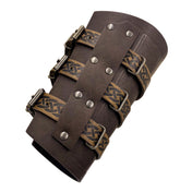 Leather faux-leather accessories arm-gear gauntlet arm-guard embossed adjustable buckle celtic-knot durable slim-fit functional stylish ergonomic fetish fashion alt-fashion alternative punk goth gothic festival renaissance renfaire medieval fantasy reenactment LARP nordic celtic roleplay role-play warrior knight barbarian adventurer costume cosplay halloween halloween-accessories halloween-costumes unisex brown