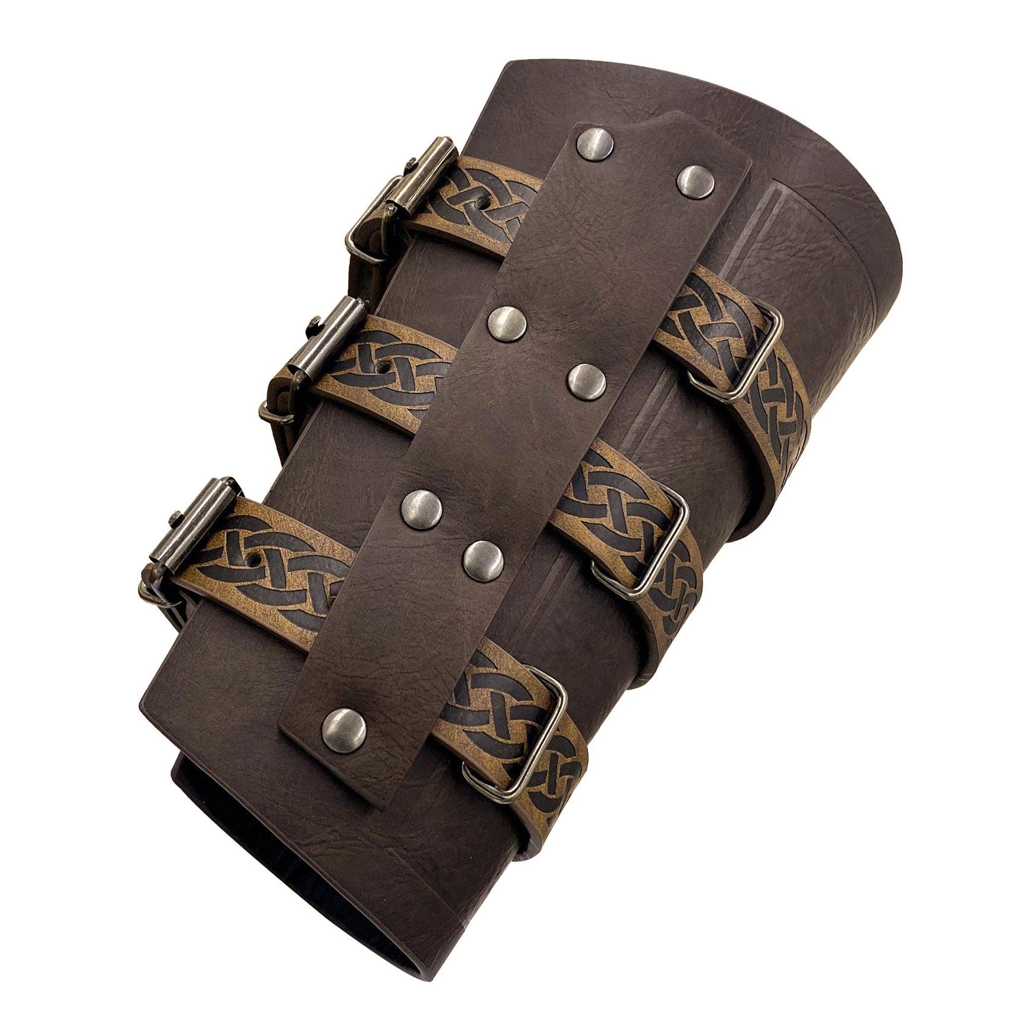 Leather faux-leather accessories arm-gear gauntlet arm-guard embossed adjustable buckle celtic-knot durable slim-fit functional stylish ergonomic fetish fashion alt-fashion alternative punk goth gothic festival renaissance renfaire medieval fantasy reenactment LARP nordic celtic roleplay role-play warrior knight barbarian adventurer costume cosplay halloween halloween-accessories halloween-costumes unisex brown