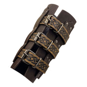 Leather faux-leather accessories arm-gear gauntlet arm-guard embossed adjustable buckle celtic-knot durable slim-fit functional stylish ergonomic fetish fashion alt-fashion alternative punk goth gothic festival renaissance renfaire medieval fantasy reenactment LARP nordic celtic roleplay role-play warrior knight barbarian adventurer costume cosplay halloween halloween-accessories halloween-costumes unisex brown