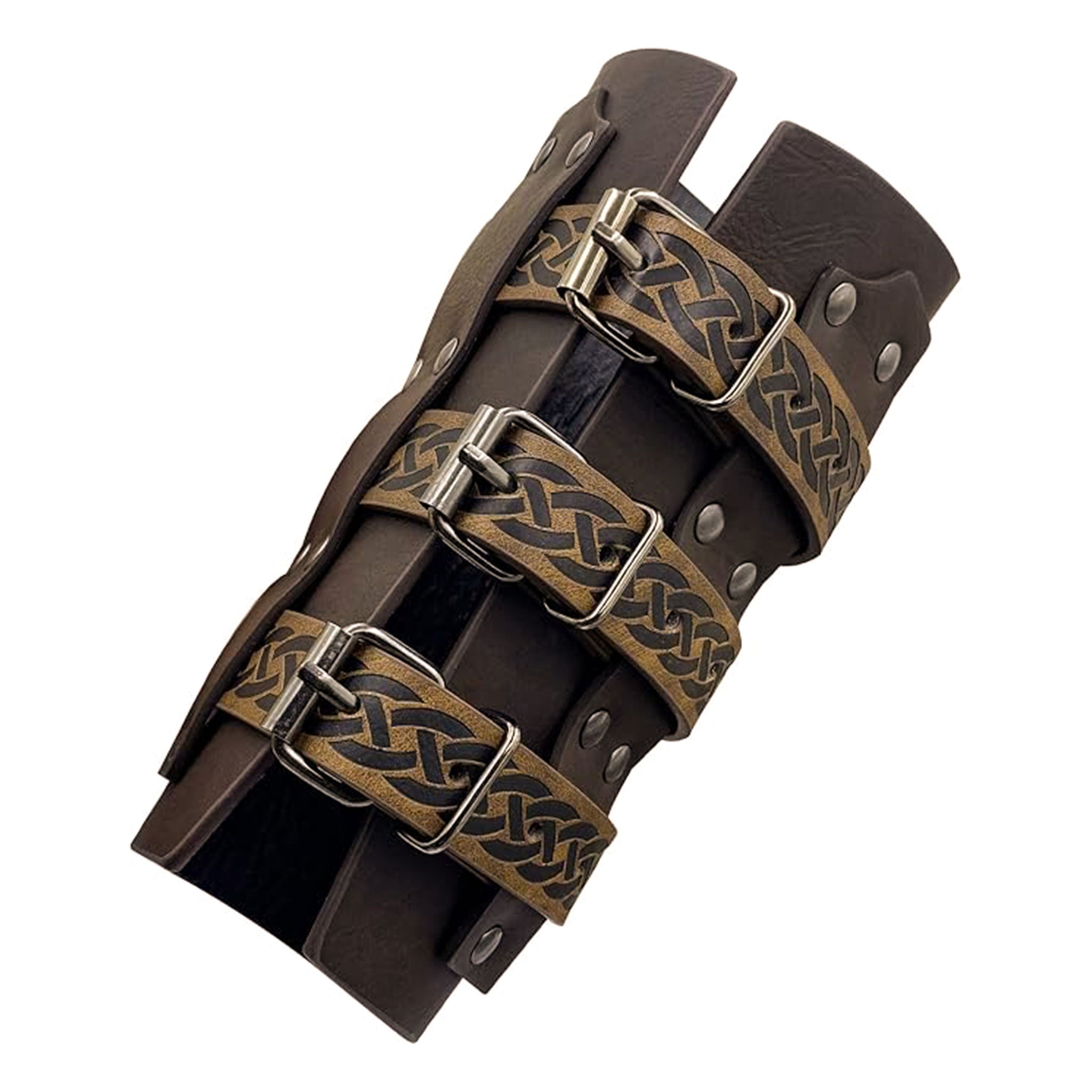 Leather faux-leather accessories arm-gear gauntlet arm-guard embossed adjustable buckle celtic-knot durable slim-fit functional stylish ergonomic fetish fashion alt-fashion alternative punk goth gothic festival renaissance renfaire medieval fantasy reenactment LARP nordic celtic roleplay role-play warrior knight barbarian adventurer costume cosplay halloween halloween-accessories halloween-costumes unisex brown