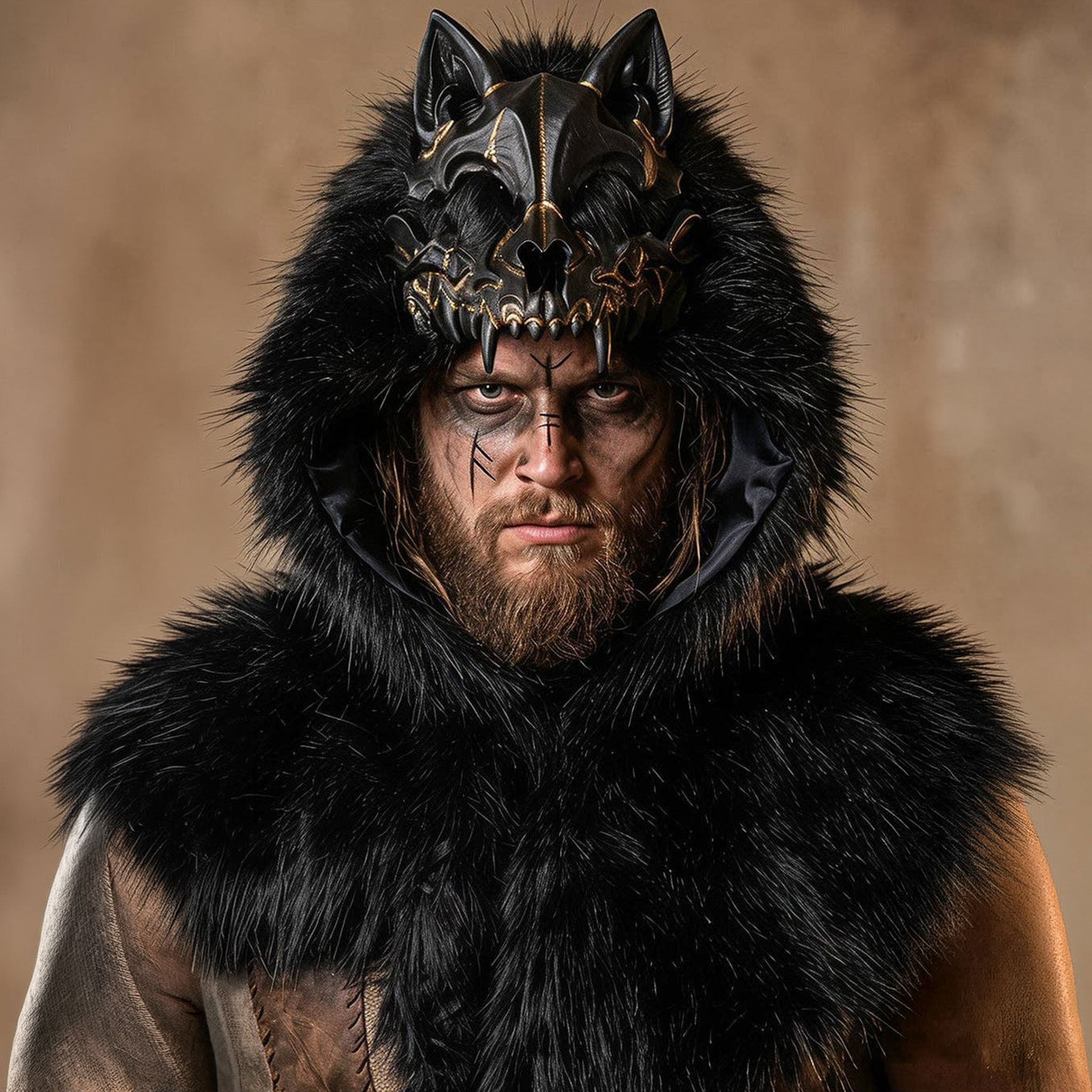 Fur faux-fur satin plastic accessories head-gear cowl mantle hood cloak cape skull wolf-skull satin-lining shaggy braided textured fashion alt-fashion alternative punk goth gothic festival rave renaissance renfaire norse nordic medieval roleplay role-play uniforms barbarian warrior viking costume cosplay halloween halloween-accessories unisex black 
