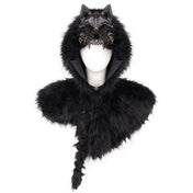 Fur faux-fur satin plastic accessories head-gear cowl mantle hood cloak cape skull wolf-skull satin-lining shaggy braided textured fashion alt-fashion alternative punk goth gothic festival rave renaissance renfaire norse nordic medieval roleplay role-play uniforms barbarian warrior viking costume cosplay halloween halloween-accessories unisex black 