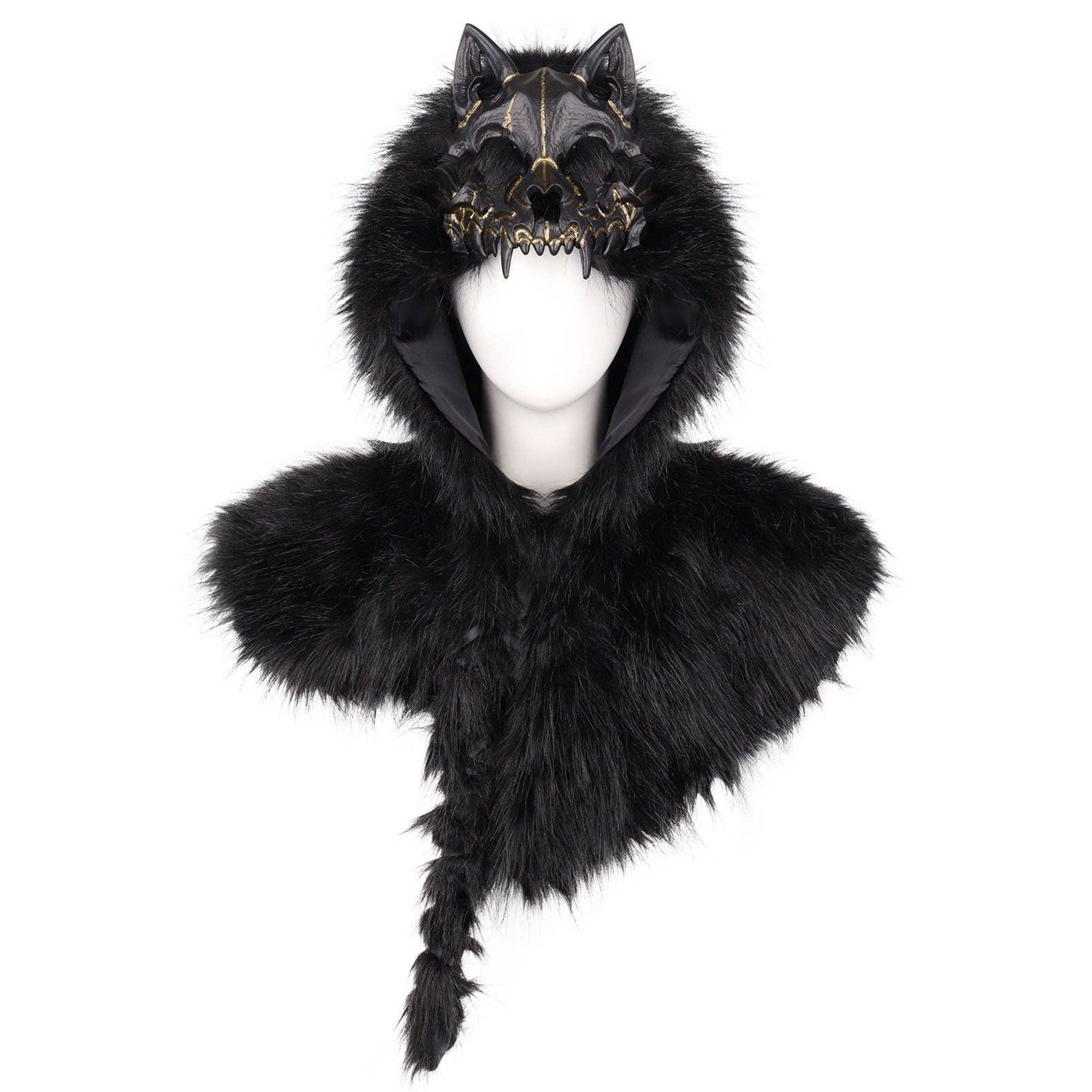 Fur faux-fur satin plastic accessories head-gear cowl mantle hood cloak cape skull wolf-skull satin-lining shaggy braided textured fashion alt-fashion alternative punk goth gothic festival rave renaissance renfaire norse nordic medieval roleplay role-play uniforms barbarian warrior viking costume cosplay halloween halloween-accessories unisex black 