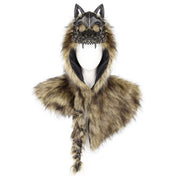 Fur faux-fur satin plastic accessories head-gear cowl mantle hood cloak cape skull wolf-skull satin-lining shaggy braided textured fashion alt-fashion alternative punk goth gothic festival rave renaissance renfaire norse nordic medieval roleplay role-play uniforms barbarian warrior viking costume cosplay halloween halloween-accessories unisex sage-green brown tan