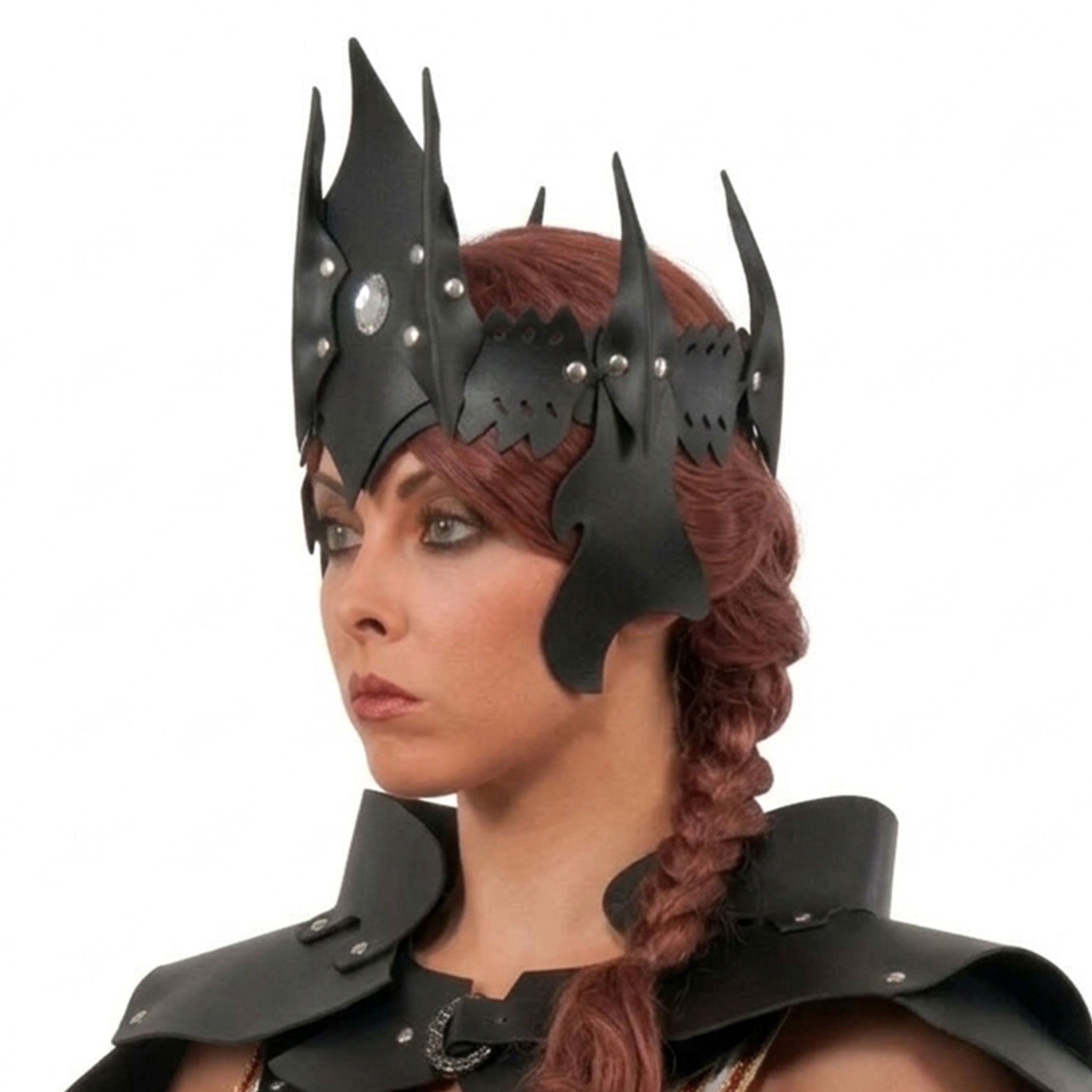 Leather faux-leather polyester rhinestones accessories headgear head-gear headband head-band crown helmet riveted crown-peaks cheek-plates laceup lace-up adjustable flexible back-lacing fashion alt-fashion fantasy fairytale medieval party costume cosplay halloween warrior amazon renfaire ren-faire renaissance-fair unisex black