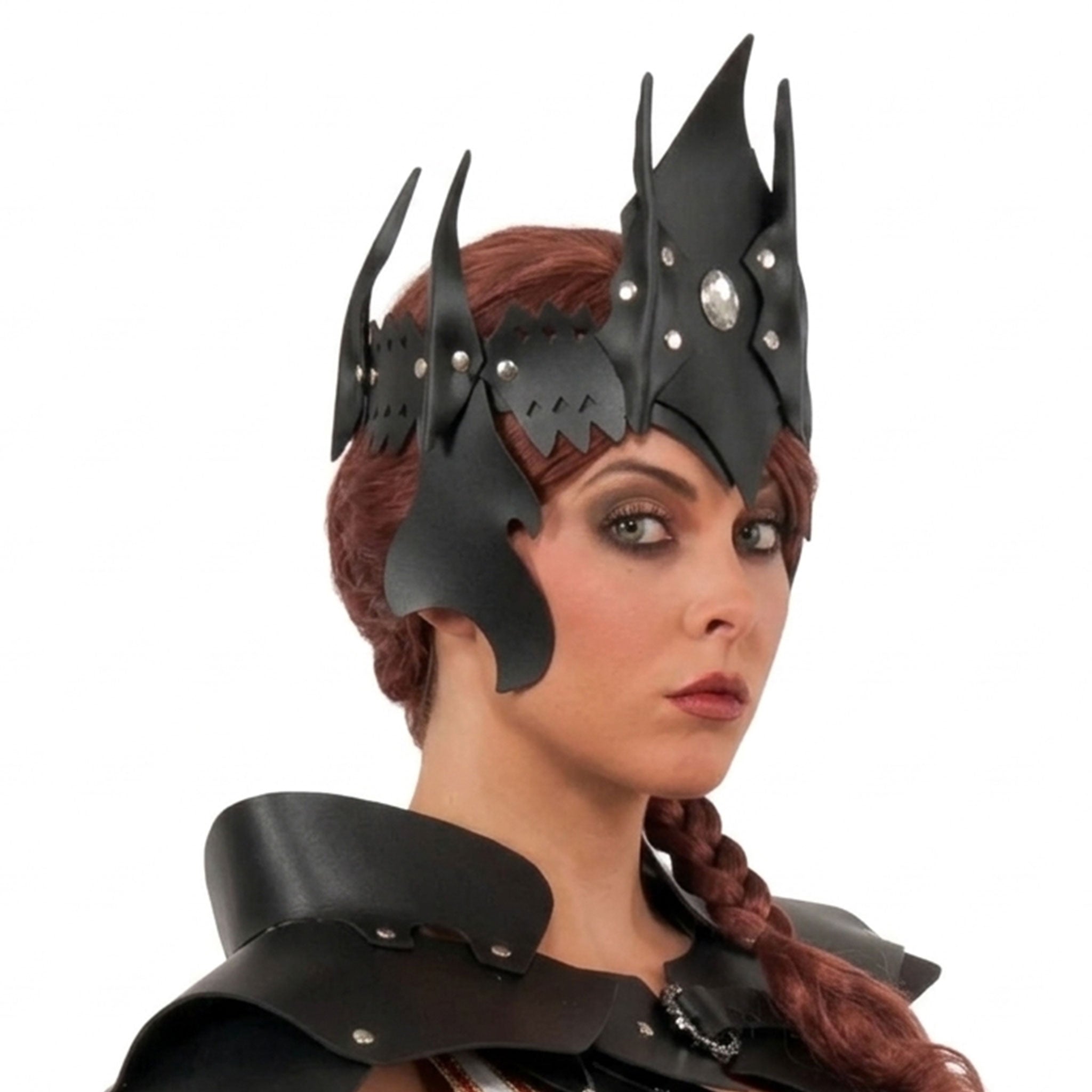 Leather faux-leather polyester rhinestones accessories headgear head-gear headband head-band crown helmet riveted crown-peaks cheek-plates laceup lace-up adjustable flexible back-lacing fashion alt-fashion fantasy fairytale medieval party costume cosplay halloween warrior amazon renfaire ren-faire renaissance-fair unisex black