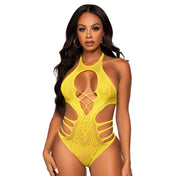 Spandex nylon sheer seethru see-thru see-through lace fishnet fish-net apparel intimates lingerie one-piece onesie bodysuit body-suit teddy shredded-sides side-slashes open-back halter-neck keyhole key-hole deep-v cleavage strappy-detail sleeveless stretchy breathable teasing heart-racing fetish fashion alt-fashion rebel dancewear rave ravewear raver-babe festivalwear costume cosplay halloween roleplay role-play female femme feminine womens yellow
