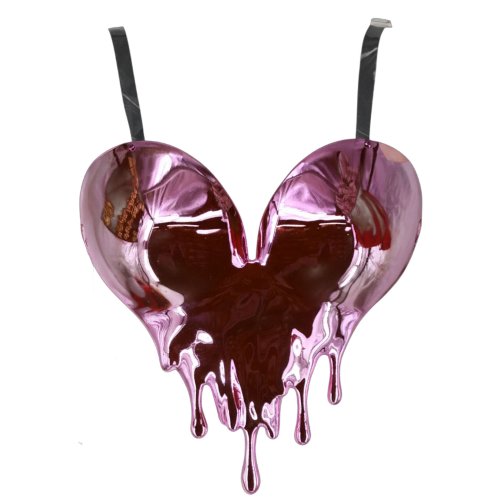 Plastic polypropylene chrome-plastic PVC vinyl apparel tops bodice breastplate halter-top halter-neck heart-shaped melting-heart sculpted-top dripping droplets back-closure back-strap elasticized bikini-clasp adjustable fitted reflective fetish fashion alt-fashion alternative punk cyber cyberpunk ravewear raver-babe festivalwear special-occasion kink kinky kinkwear costume cosplay halloween valentines valentines-collection be-mine female femme feminine womens pink chrome