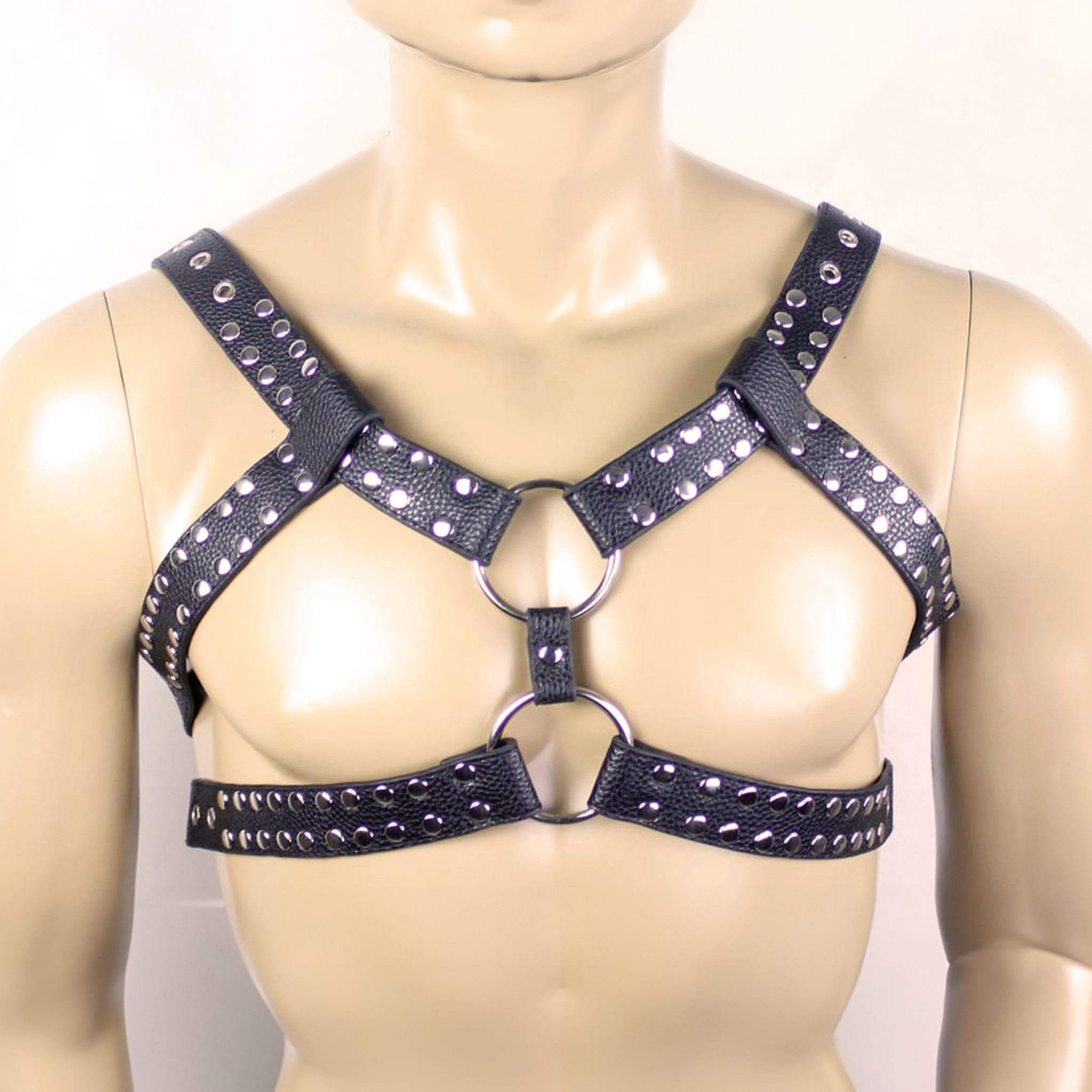 PVC vegan-leather pebble-grain accessories harness chest-harness studs studded O-ring double-strap adjustable buckle grommets pecs pectorals simple eye-catching heavy-duty fetish fashion alt-fashion clubwear festivalwear ravewear rave bondage bdsm bdsm-gear kink kinky kinky-gear kinkwear costume cosplay halloween male masculine masc guys dudes mens menswear black gay lgbtq pride