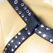 PVC vegan-leather pebble-grain accessories harness chest-harness studs studded O-ring double-strap adjustable buckle grommets pecs pectorals simple eye-catching heavy-duty fetish fashion alt-fashion clubwear festivalwear ravewear rave bondage bdsm bdsm-gear kink kinky kinky-gear kinkwear costume cosplay halloween male masculine masc guys dudes mens menswear black gay lgbtq pride