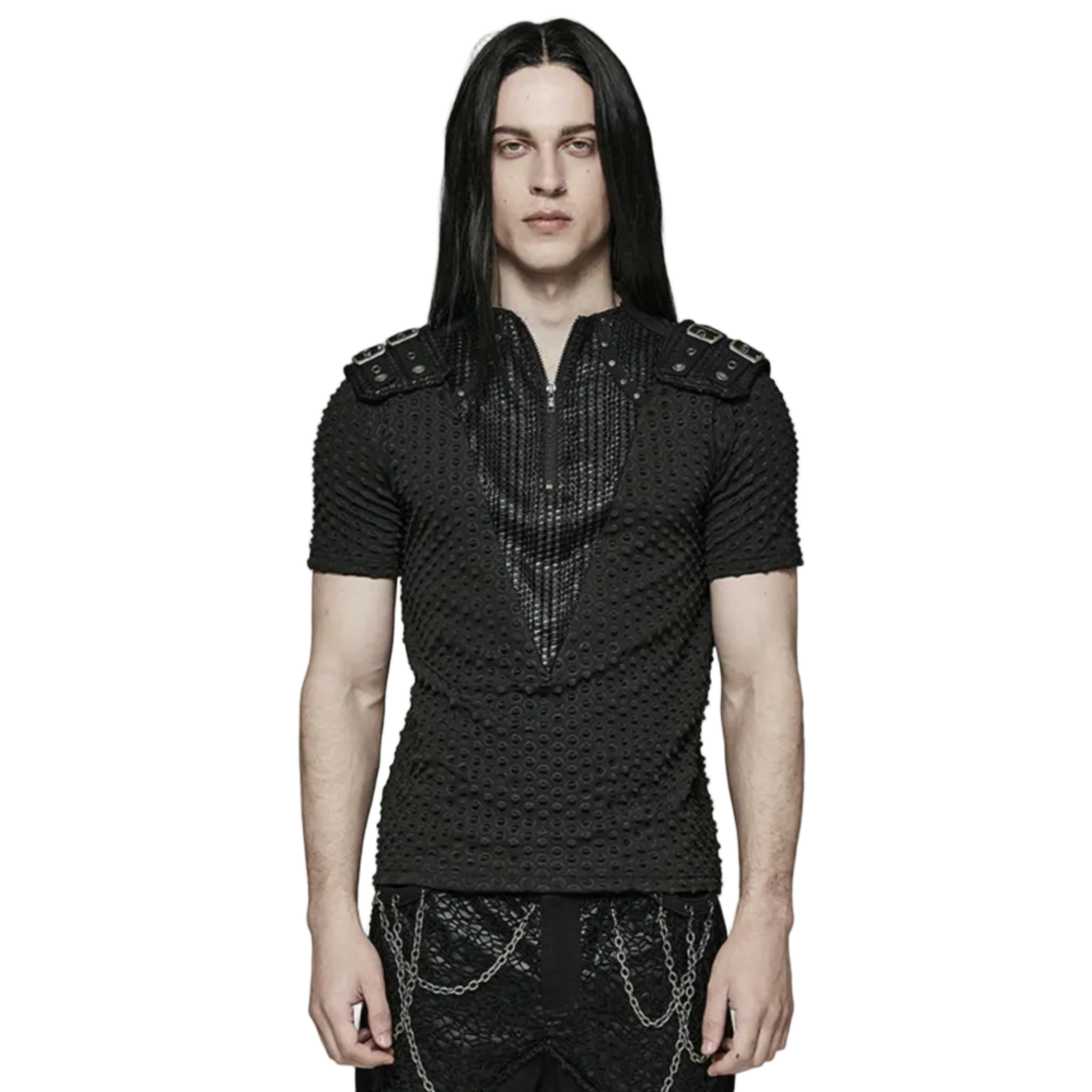 mens punk shirt distressed knit mesh shirt ripped seams v neck stand collar shoulder loops alternative fashion edgy gothic clothing