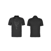 mens punk shirt distressed knit mesh shirt ripped seams v neck stand collar shoulder loops alternative fashion edgy gothic clothing