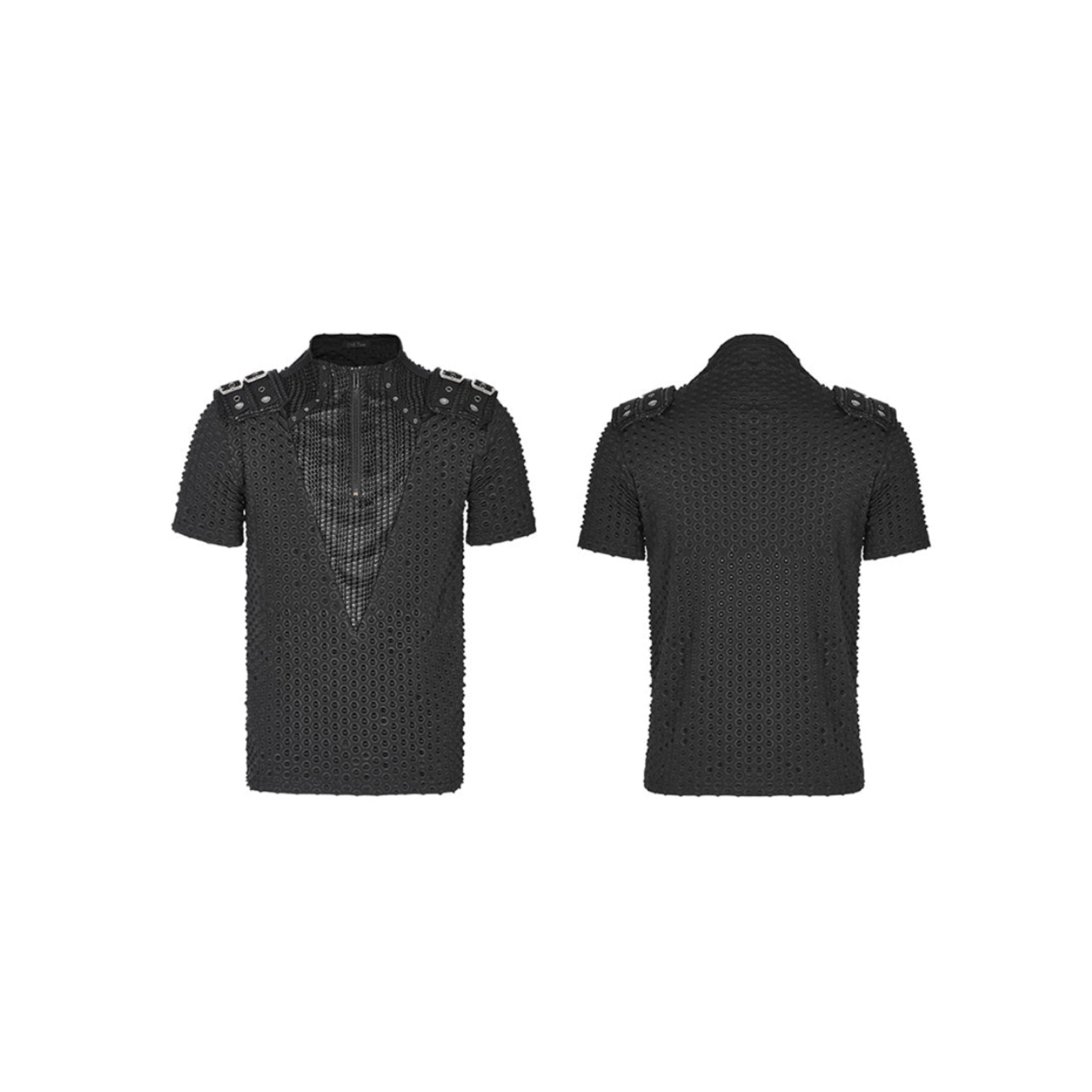 mens punk shirt distressed knit mesh shirt ripped seams v neck stand collar shoulder loops alternative fashion edgy gothic clothing