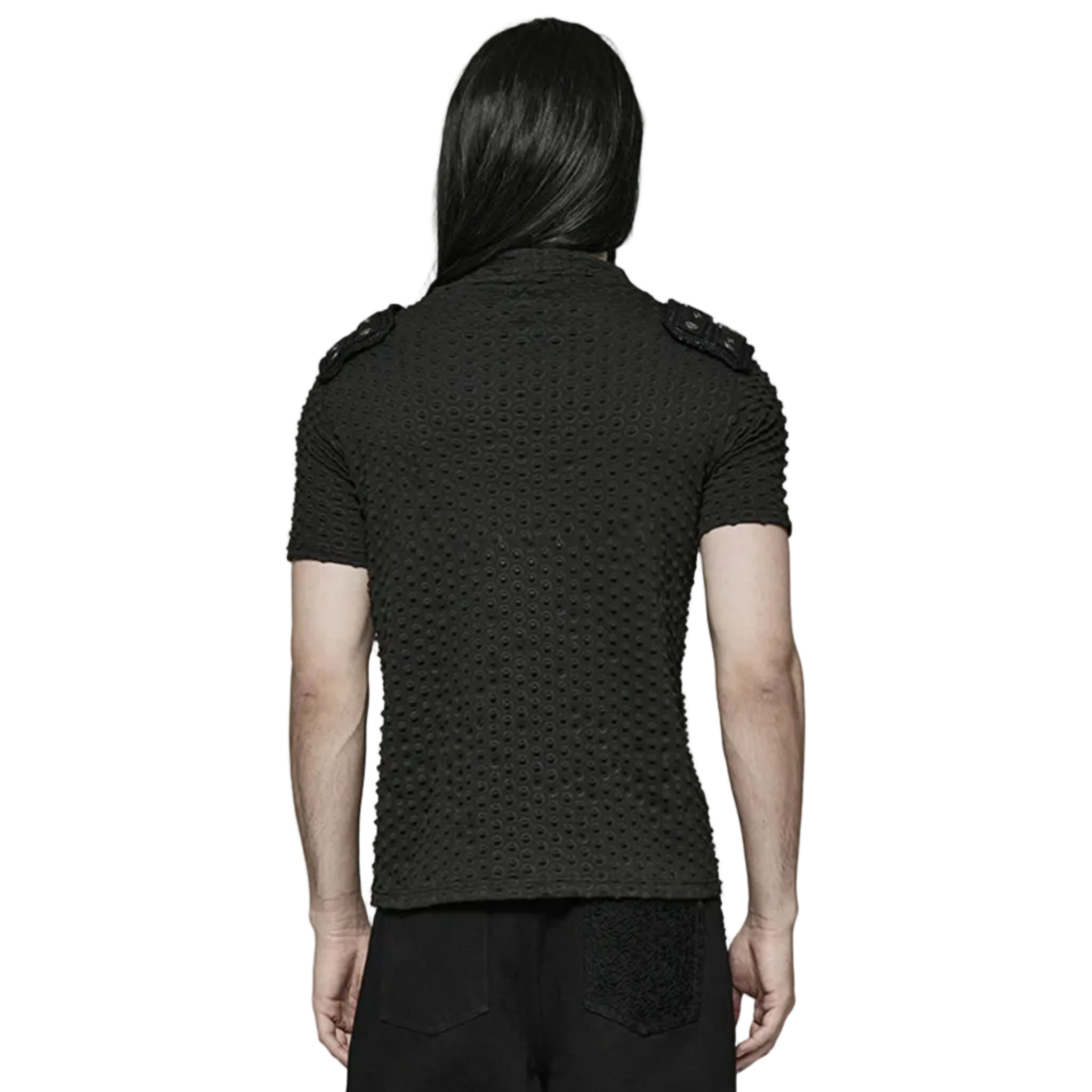mens punk shirt distressed knit mesh shirt ripped seams v neck stand collar shoulder loops alternative fashion edgy gothic clothing