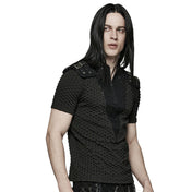 Polyester elastane cotton knit-fabric embossed geometric oval spliced-fabric apparel tops shirt shortsleeve short-sleeve sleeves sleeved V-neck collar high-collar torn-knit stand-up zipper front-zip chunky-zip shoulder-loops removable shoulder-pads snap-button press-stud cool handsome shiny structured fetish fashion alt-fashion alternative punk rocker goth gothic cyberpunk ravewear clubwear casual everyday afterdark afterdark-collection male masculine masc mens menswear guys dudes black