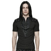 Polyester elastane cotton knit-fabric embossed geometric oval spliced-fabric apparel tops shirt shortsleeve short-sleeve sleeves sleeved V-neck collar high-collar torn-knit stand-up zipper front-zip chunky-zip shoulder-loops removable shoulder-pads snap-button press-stud cool handsome shiny structured fetish fashion alt-fashion alternative punk rocker goth gothic cyberpunk ravewear clubwear casual everyday afterdark afterdark-collection male masculine masc mens menswear guys dudes black