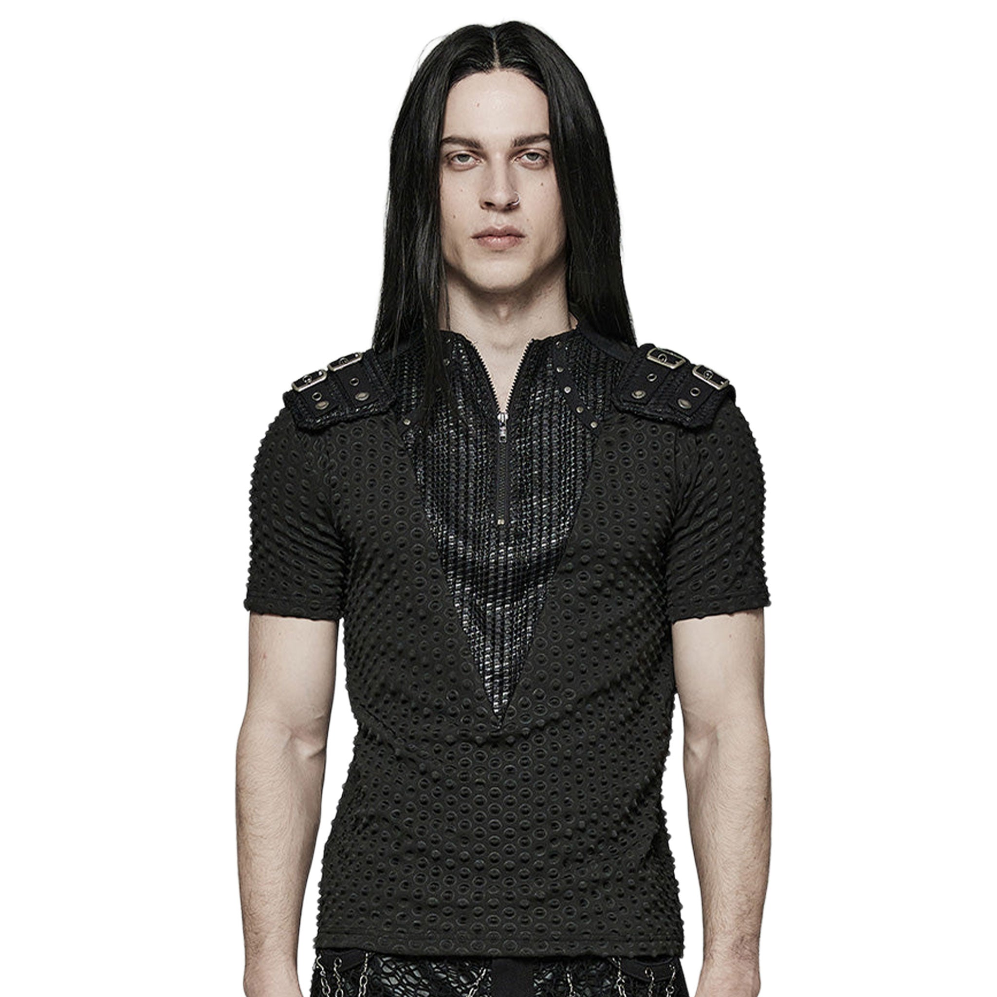 Polyester elastane cotton knit-fabric embossed geometric oval spliced-fabric apparel tops shirt shortsleeve short-sleeve sleeves sleeved V-neck collar high-collar torn-knit stand-up zipper front-zip chunky-zip shoulder-loops removable shoulder-pads snap-button press-stud cool handsome shiny structured fetish fashion alt-fashion alternative punk rocker goth gothic cyberpunk ravewear clubwear casual everyday afterdark afterdark-collection male masculine masc mens menswear guys dudes black