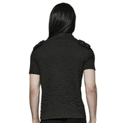 Polyester elastane cotton knit-fabric embossed geometric oval spliced-fabric apparel tops shirt shortsleeve short-sleeve sleeves sleeved V-neck collar high-collar torn-knit stand-up zipper front-zip chunky-zip shoulder-loops removable shoulder-pads snap-button press-stud cool handsome shiny structured fetish fashion alt-fashion alternative punk rocker goth gothic cyberpunk ravewear clubwear casual everyday afterdark afterdark-collection male masculine masc mens menswear guys dudes black
