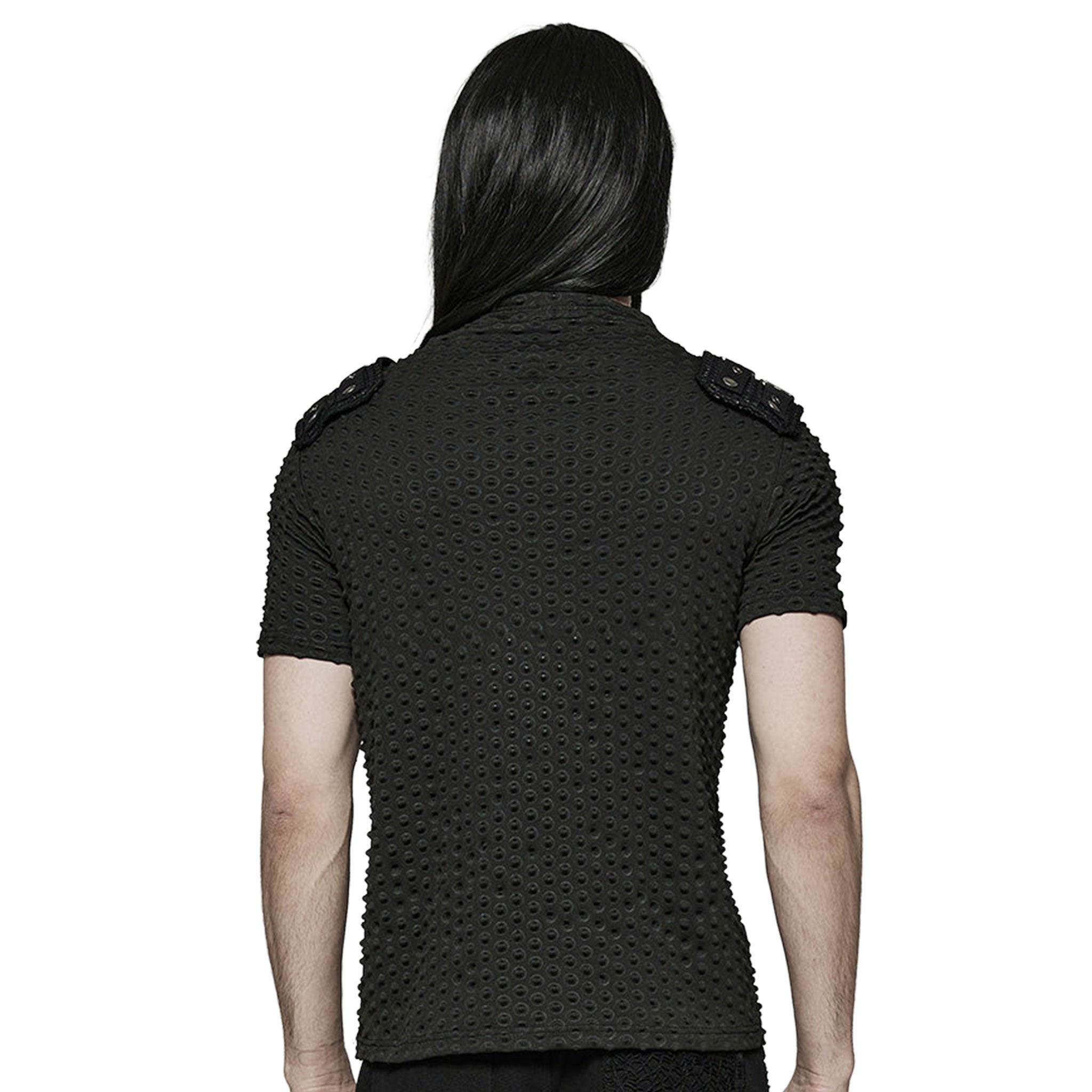 Polyester elastane cotton knit-fabric embossed geometric oval spliced-fabric apparel tops shirt shortsleeve short-sleeve sleeves sleeved V-neck collar high-collar torn-knit stand-up zipper front-zip chunky-zip shoulder-loops removable shoulder-pads snap-button press-stud cool handsome shiny structured fetish fashion alt-fashion alternative punk rocker goth gothic cyberpunk ravewear clubwear casual everyday afterdark afterdark-collection male masculine masc mens menswear guys dudes black