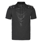 Polyester elastane cotton knit-fabric embossed geometric oval spliced-fabric apparel tops shirt shortsleeve short-sleeve sleeves sleeved V-neck collar high-collar torn-knit stand-up zipper front-zip chunky-zip shoulder-loops removable shoulder-pads snap-button press-stud cool handsome shiny structured fetish fashion alt-fashion alternative punk rocker goth gothic cyberpunk ravewear clubwear casual everyday afterdark afterdark-collection male masculine masc mens menswear guys dudes black