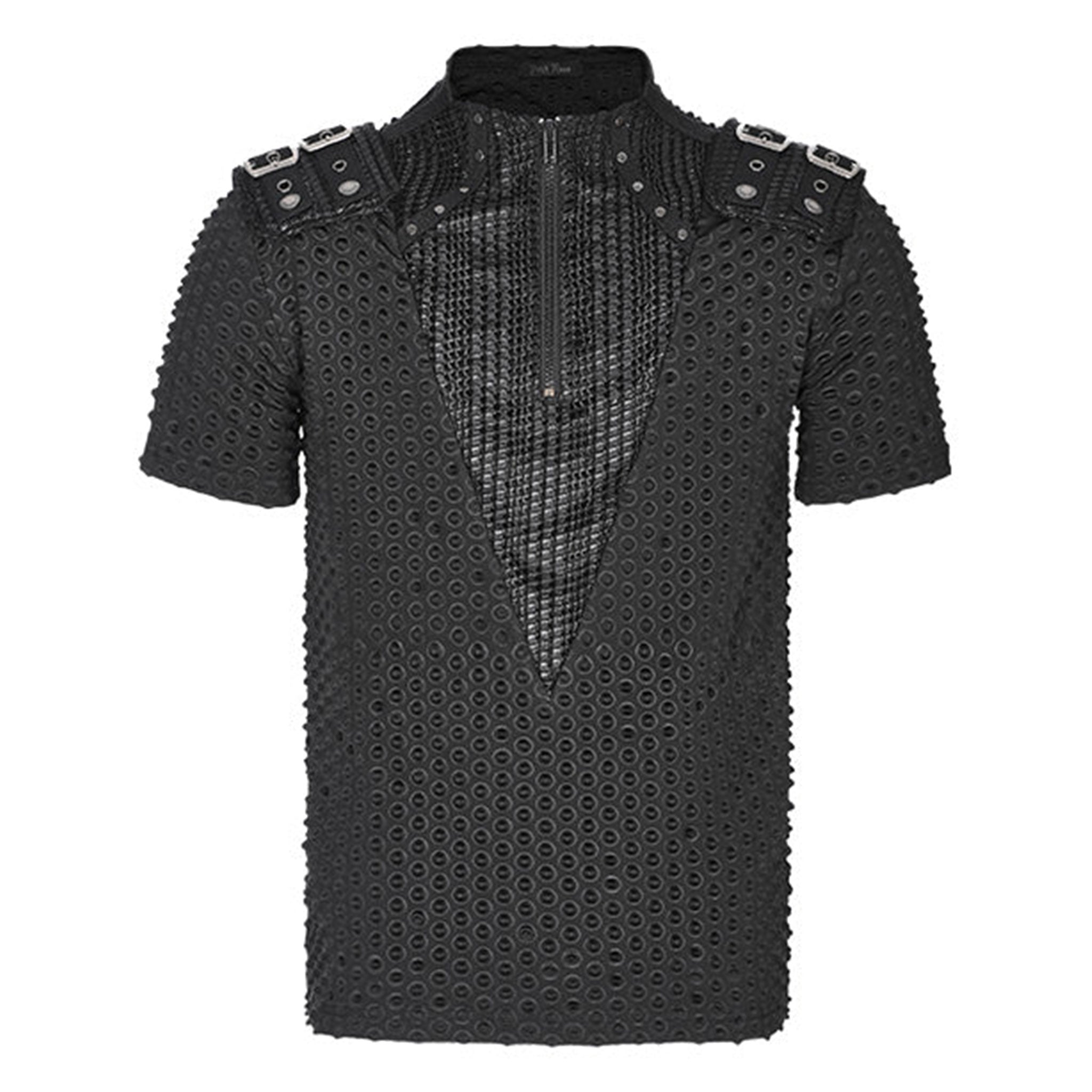 Polyester elastane cotton knit-fabric embossed geometric oval spliced-fabric apparel tops shirt shortsleeve short-sleeve sleeves sleeved V-neck collar high-collar torn-knit stand-up zipper front-zip chunky-zip shoulder-loops removable shoulder-pads snap-button press-stud cool handsome shiny structured fetish fashion alt-fashion alternative punk rocker goth gothic cyberpunk ravewear clubwear casual everyday afterdark afterdark-collection male masculine masc mens menswear guys dudes black