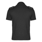 Polyester elastane cotton knit-fabric embossed geometric oval spliced-fabric apparel tops shirt shortsleeve short-sleeve sleeves sleeved V-neck collar high-collar torn-knit stand-up zipper front-zip chunky-zip shoulder-loops removable shoulder-pads snap-button press-stud cool handsome shiny structured fetish fashion alt-fashion alternative punk rocker goth gothic cyberpunk ravewear clubwear casual everyday afterdark afterdark-collection male masculine masc mens menswear guys dudes black