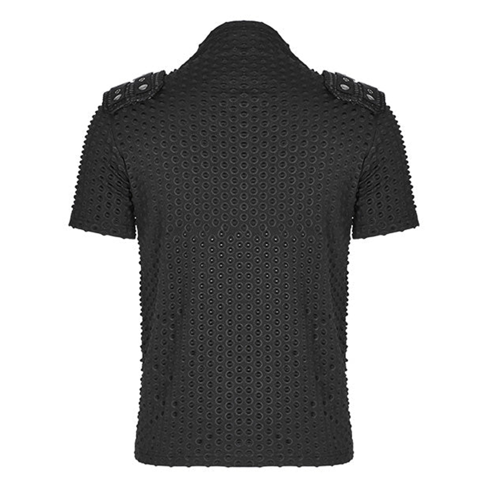 Polyester elastane cotton knit-fabric embossed geometric oval spliced-fabric apparel tops shirt shortsleeve short-sleeve sleeves sleeved V-neck collar high-collar torn-knit stand-up zipper front-zip chunky-zip shoulder-loops removable shoulder-pads snap-button press-stud cool handsome shiny structured fetish fashion alt-fashion alternative punk rocker goth gothic cyberpunk ravewear clubwear casual everyday afterdark afterdark-collection male masculine masc mens menswear guys dudes black