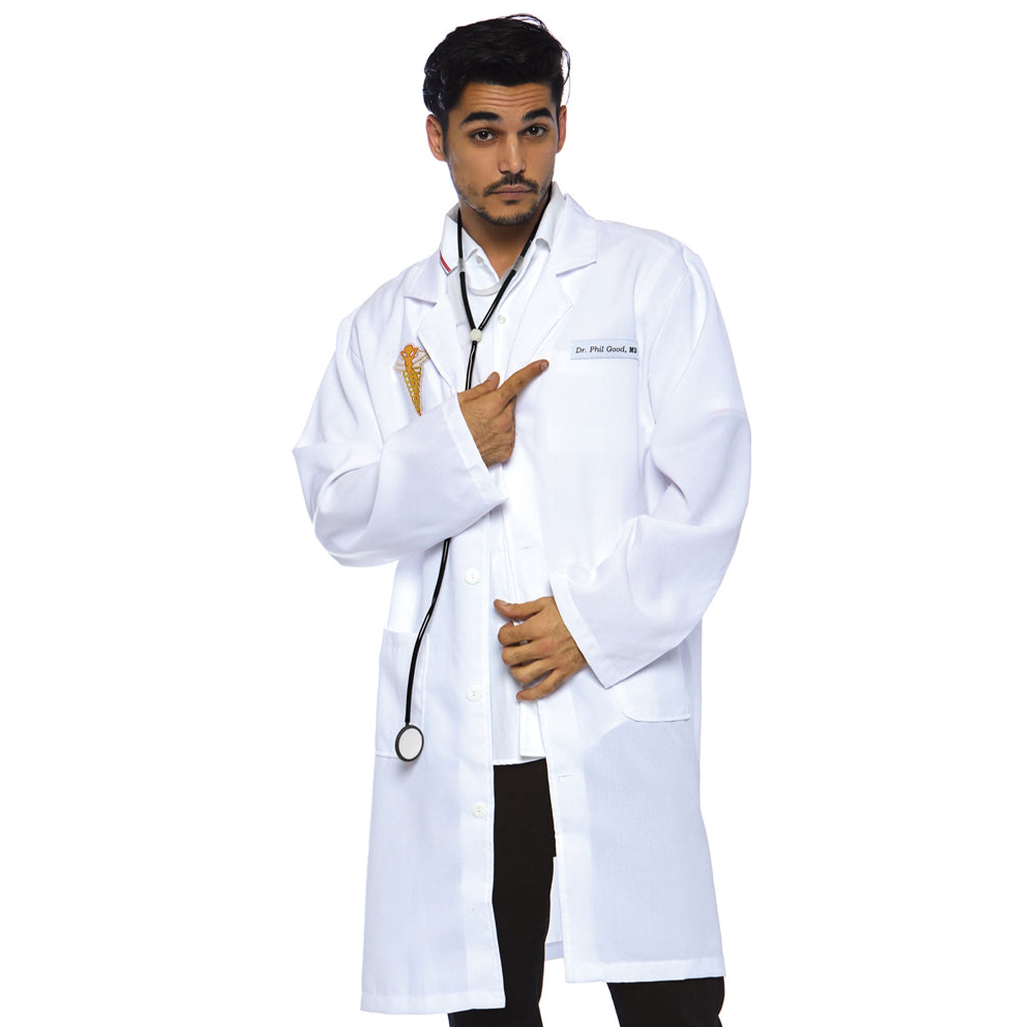 Polyester plastic rubber apparel costume-set lab-coat button-up collared name-plate toy-stethoscope sexy playful fashion alt-fashion party costume-party masquerade bondage bdsm bdsm-fashion kink kinky kinkwear roleplay role-play occupation doctor scientist cadeuceus rod-of-asclepius medical-symbols dr-phil-good playing-doctor examination costume cosplay halloween medical male masculine masc mens menswear guys dudes unisex white