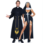 men’s priest costume 2 piece set robe with attached cape cross belt catholic halloween costume sexy roleplay outfit fetish factory