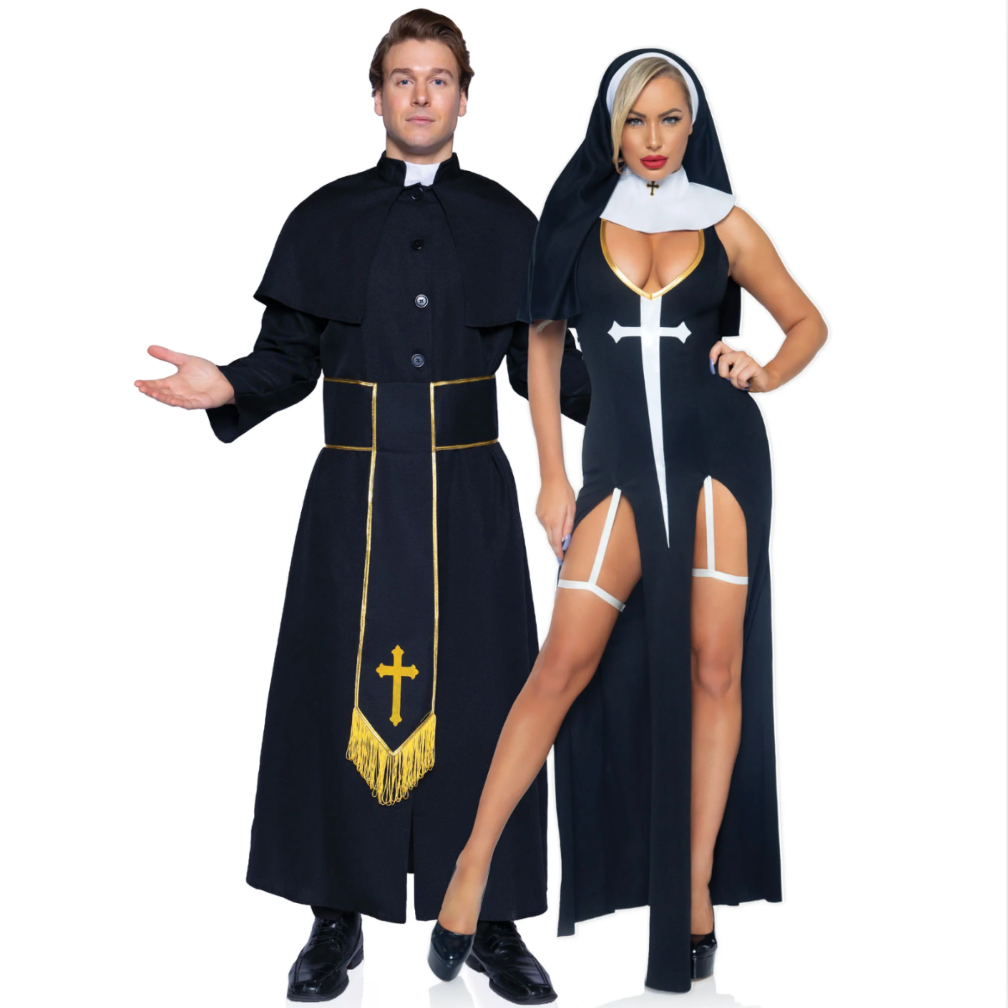 men’s priest costume 2 piece set robe with attached cape cross belt catholic halloween costume sexy roleplay outfit fetish factory