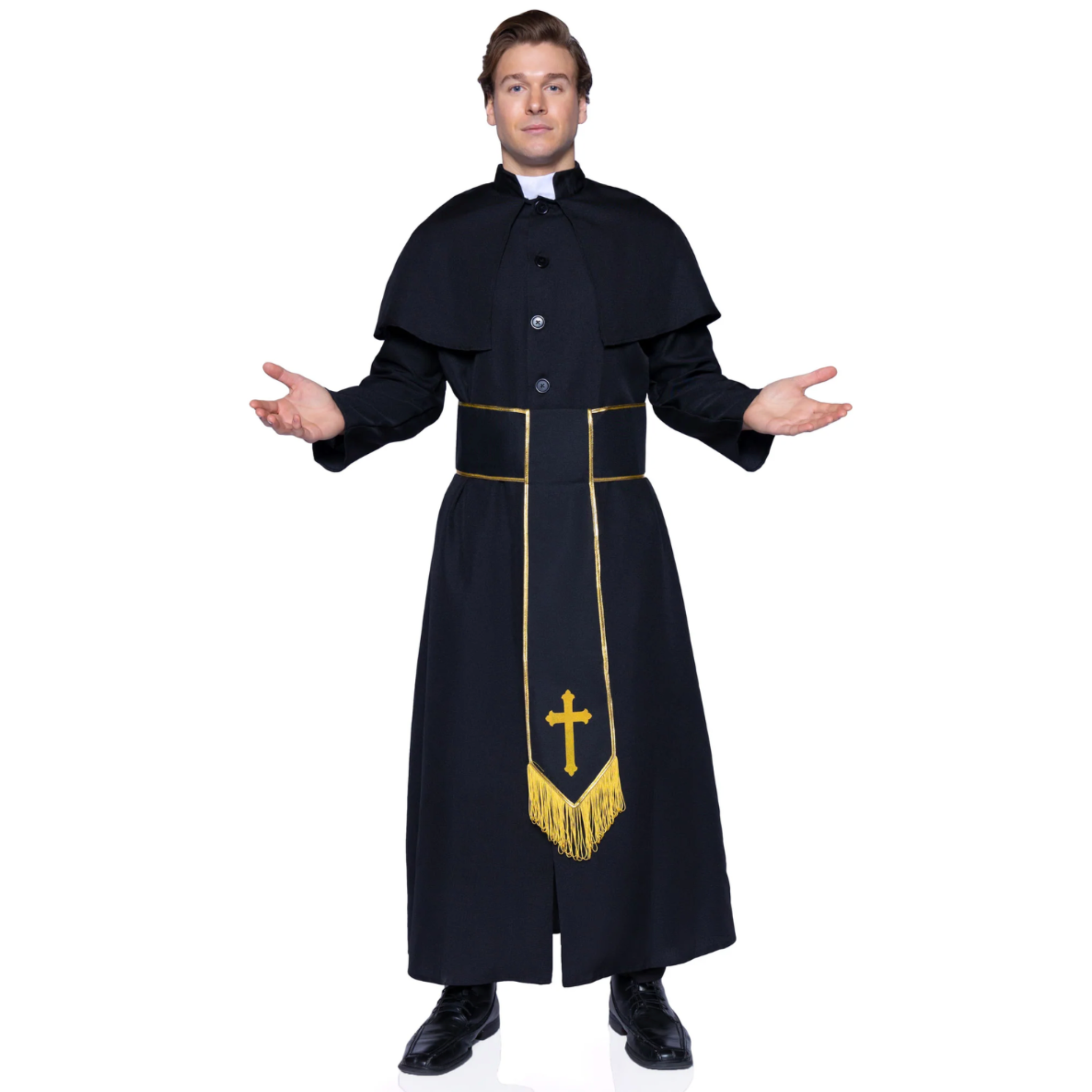 men’s priest costume 2 piece set robe with attached cape cross belt catholic halloween costume sexy roleplay outfit fetish factory