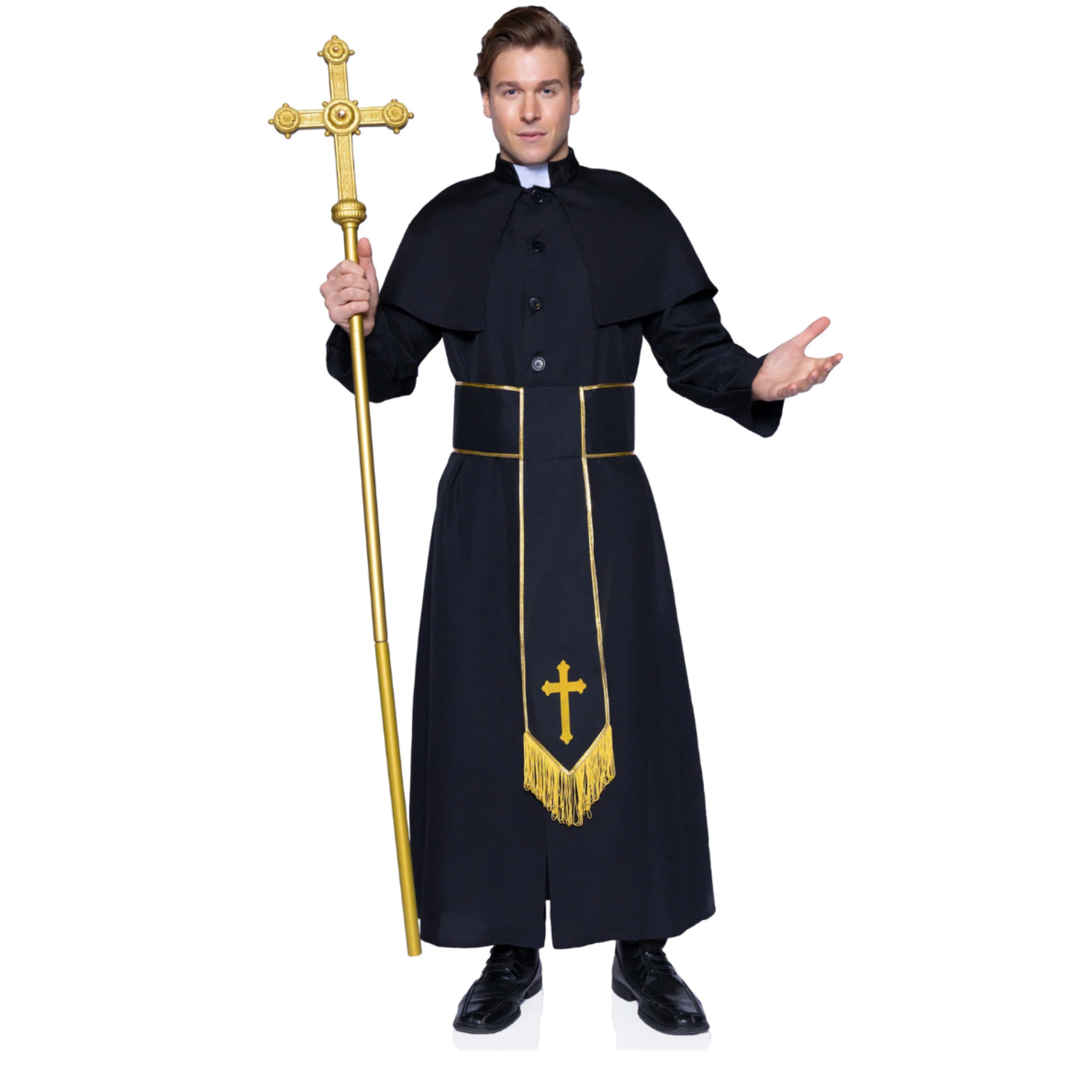 men’s priest costume 2 piece set robe with attached cape cross belt catholic halloween costume sexy roleplay outfit fetish factory