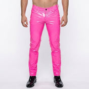 PVC vinyl polyurethane leather faux-leather vegan-leather apparel bottoms pants trousers jeans skinny-jeans skinny-fit bone stretchy fetish fashion alt-fashion alternative rocker glam goth gothic cyber cyberpunk burning-man rave ravewear techno clubwear nightlife kink kinky kinkwear male masculine masc mens guys dudes horse-and-horn pink hot-pink