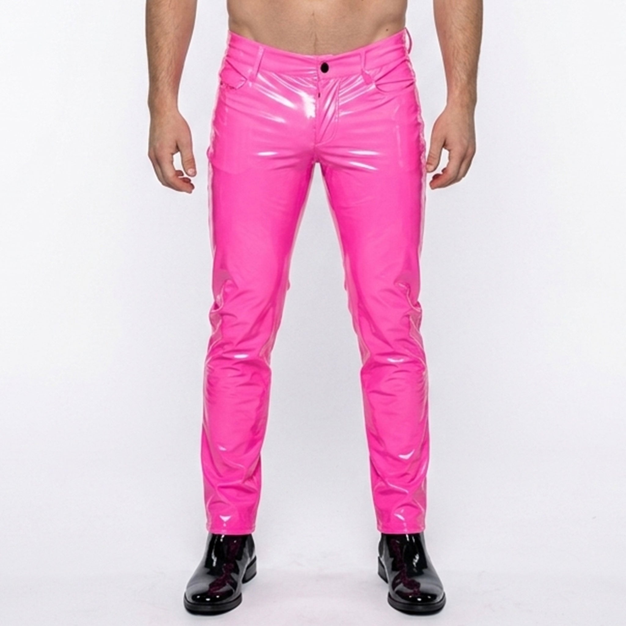 PVC vinyl polyurethane leather faux-leather vegan-leather apparel bottoms pants trousers jeans skinny-jeans skinny-fit bone stretchy fetish fashion alt-fashion alternative rocker glam goth gothic cyber cyberpunk burning-man rave ravewear techno clubwear nightlife kink kinky kinkwear male masculine masc mens guys dudes horse-and-horn pink hot-pink