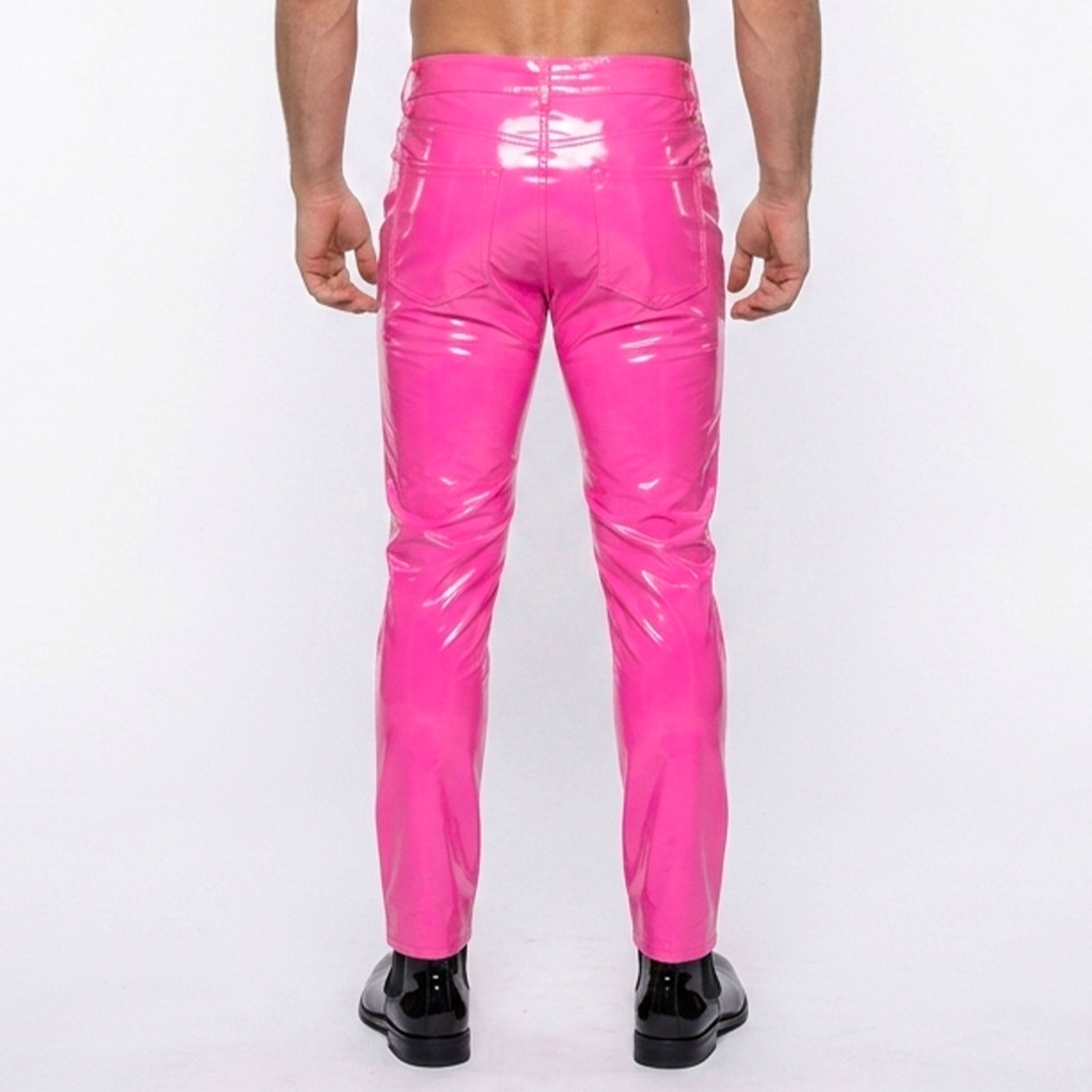 PVC vinyl polyurethane leather faux-leather vegan-leather apparel bottoms pants trousers jeans skinny-jeans skinny-fit bone stretchy fetish fashion alt-fashion alternative rocker glam goth gothic cyber cyberpunk burning-man rave ravewear techno clubwear nightlife kink kinky kinkwear male masculine masc mens guys dudes horse-and-horn pink hot-pink