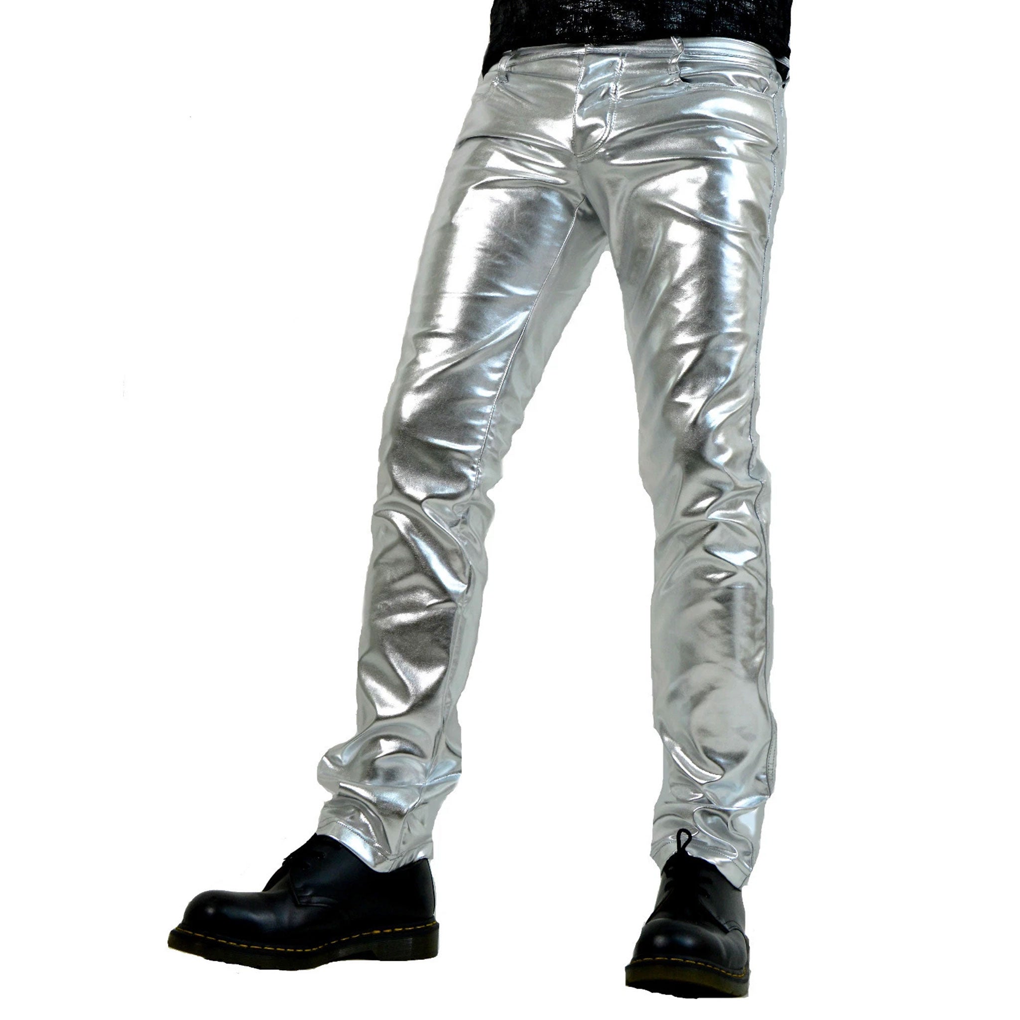 PVC vinyl polyurethane leather faux-leather vegan-leather apparel bottoms pants trousers jeans skinny-jeans skinny-fit bone stretchy fetish fashion alt-fashion alternative rocker glam goth gothic cyber cyberpunk burning-man rave ravewear techno clubwear nightlife kink kinky kinkwear male masculine masc mens guys dudes horse-and-horn silver