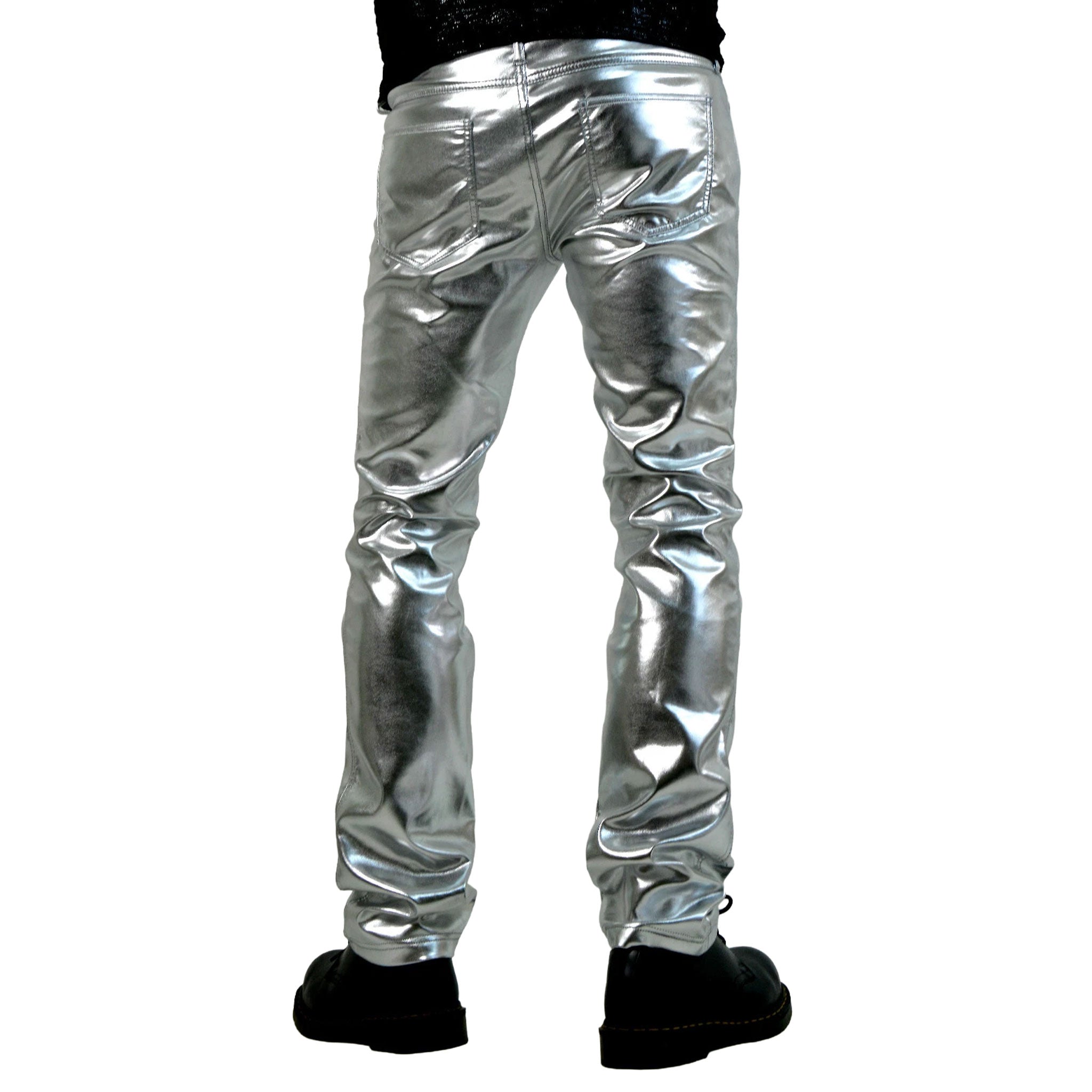 PVC vinyl polyurethane leather faux-leather vegan-leather apparel bottoms pants trousers jeans skinny-jeans skinny-fit bone stretchy fetish fashion alt-fashion alternative rocker glam goth gothic cyber cyberpunk burning-man rave ravewear techno clubwear nightlife kink kinky kinkwear male masculine masc mens guys dudes horse-and-horn silver