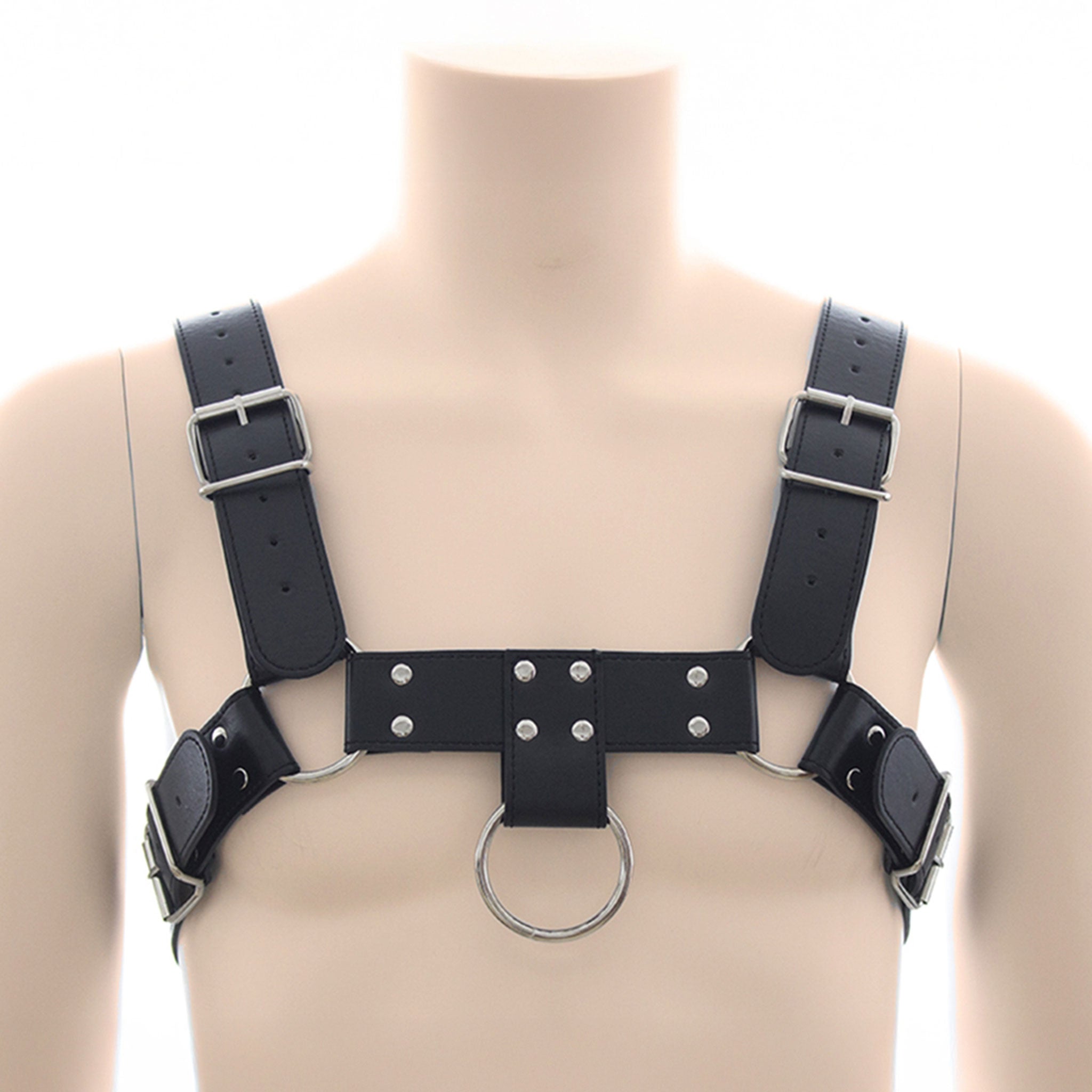 PVC vinyl vegan-leather smooth accessories tops harness chest-harness adjustable buckle O-ring h-shaped bulldog bull-dog bulldog-style adjustable buckle classic fetish fashion alt-fashion bdsm bdsm-gear bondage rave ravewear festival festivalwear club clubwear party male masculine masc mens guys dudes gay pride black