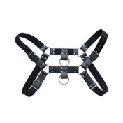 PVC vinyl vegan-leather smooth accessories tops harness chest-harness adjustable buckle O-ring h-shaped bulldog bull-dog bulldog-style adjustable buckle classic fetish fashion alt-fashion bdsm bdsm-gear bondage rave ravewear festival festivalwear club clubwear party male masculine masc mens guys dudes gay pride black