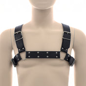 Leather vegan-leather PVC accessories harness chest-harness english-bulldog studded studs adjustable buckle O-ring playful naughty rugged comfortable sexy smooth-finish male masculine masc mens guys dudes black lgbtq gay pride
