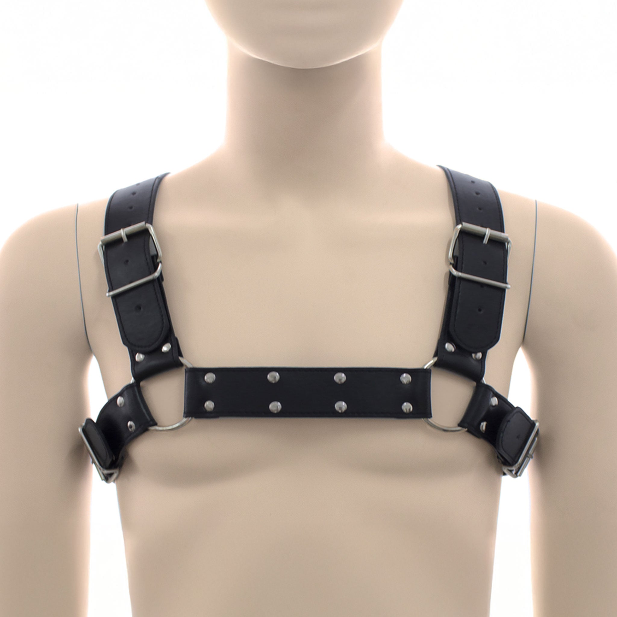 Leather vegan-leather PVC accessories harness chest-harness english-bulldog studded studs adjustable buckle O-ring playful naughty rugged comfortable sexy smooth-finish male masculine masc mens guys dudes black lgbtq gay pride