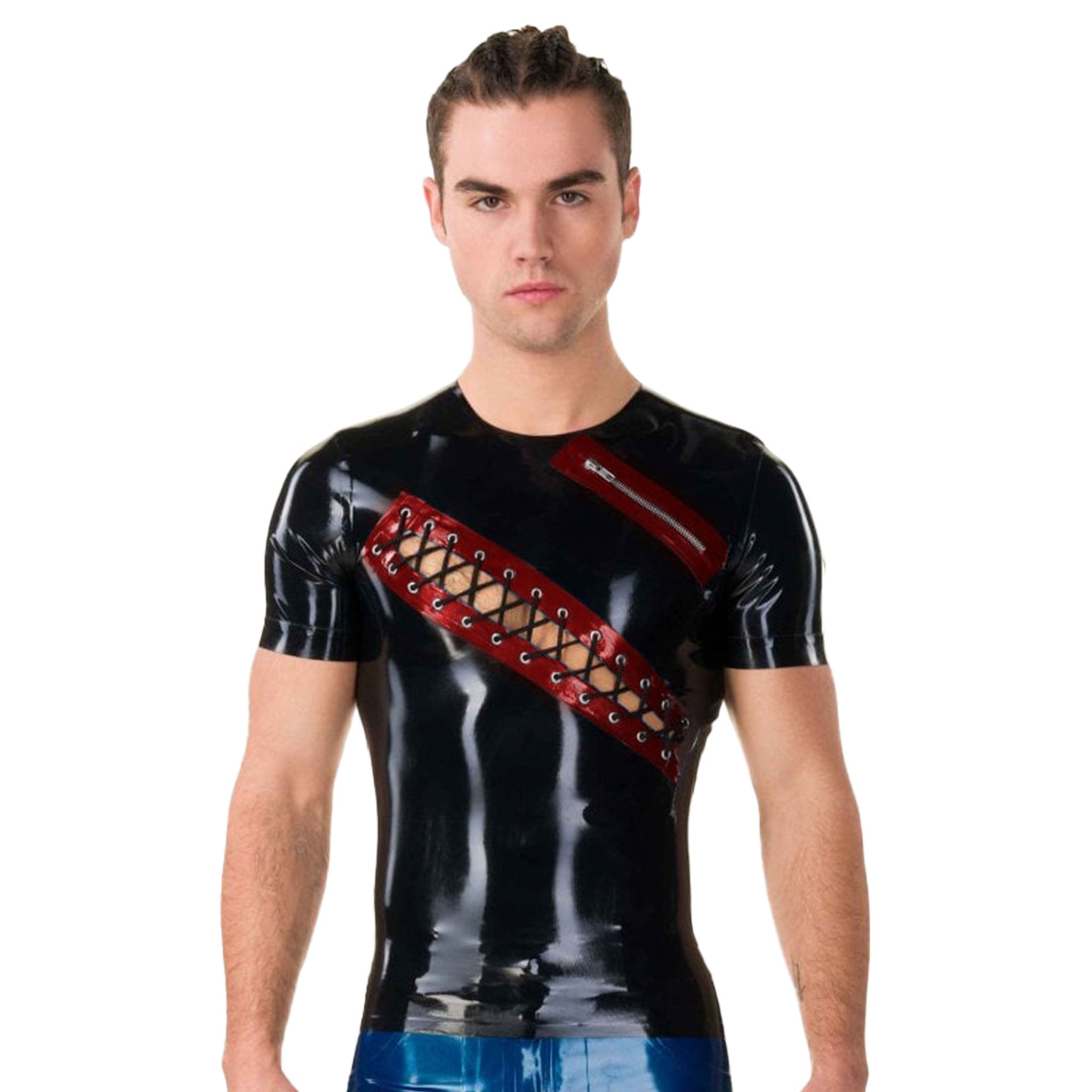Latex rubber top shirt shortsleeve short-sleeve sleeves sleeved pull-over pullover zipper-detail laceup lace-up high-octane latex-lover headturning head-turning modern classic fetish fashion alt-fashion morpheus male masculine masc mens menswear guys dudes black red metallic-red