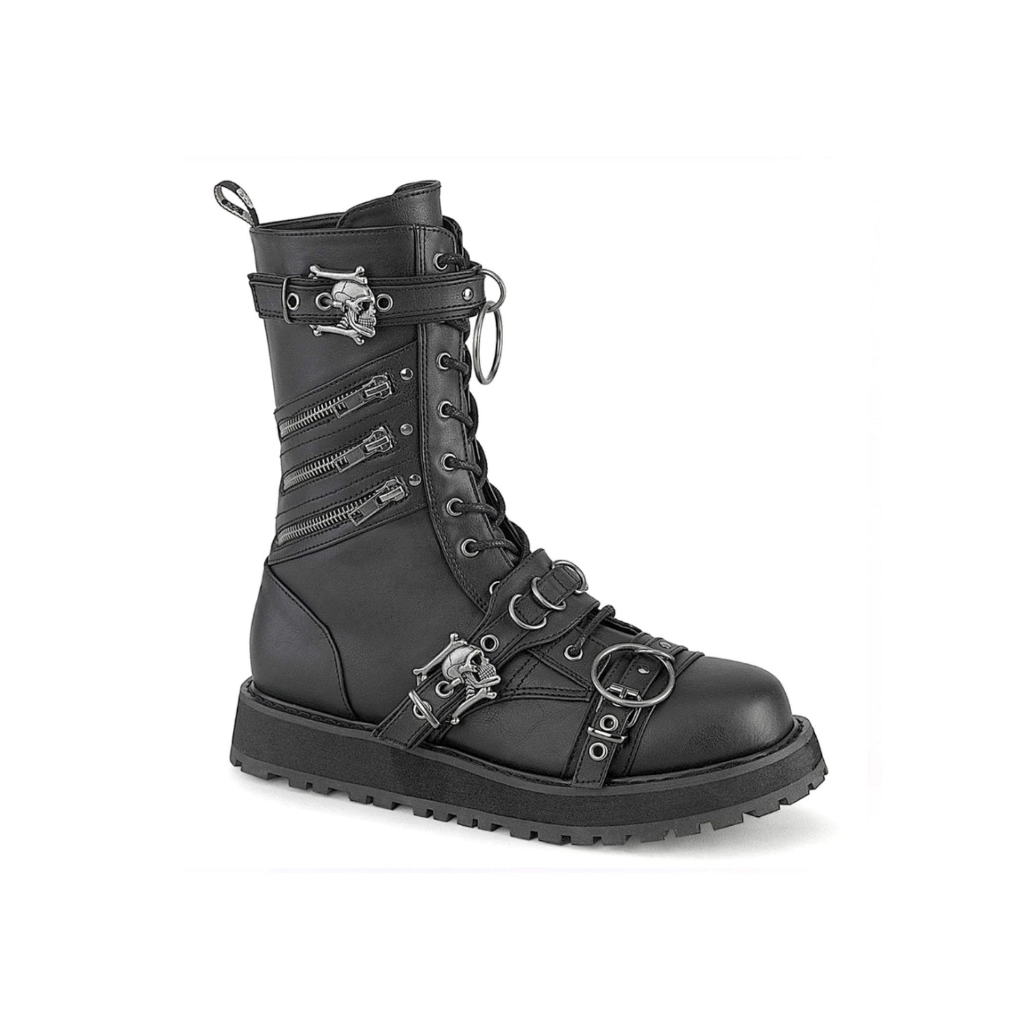 mens mid calf boot with harness strap black pu leather fetish boots gothic punk metal skull buckle o ring d ring zipper lace up platform rugged sole alternative footwear