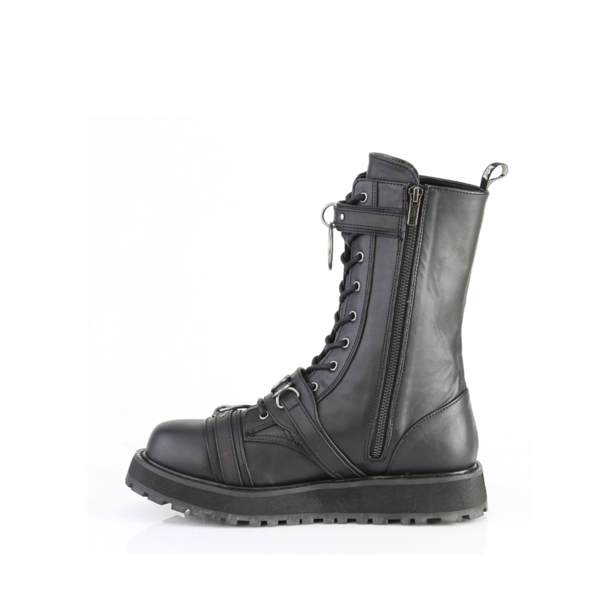 mens mid calf boot with harness strap black pu leather fetish boots gothic punk metal skull buckle o ring d ring zipper lace up platform rugged sole alternative footwear