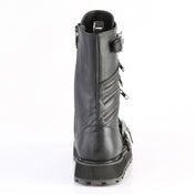 mens mid calf boot with harness strap black pu leather fetish boots gothic punk metal skull buckle o ring d ring zipper lace up platform rugged sole alternative footwear