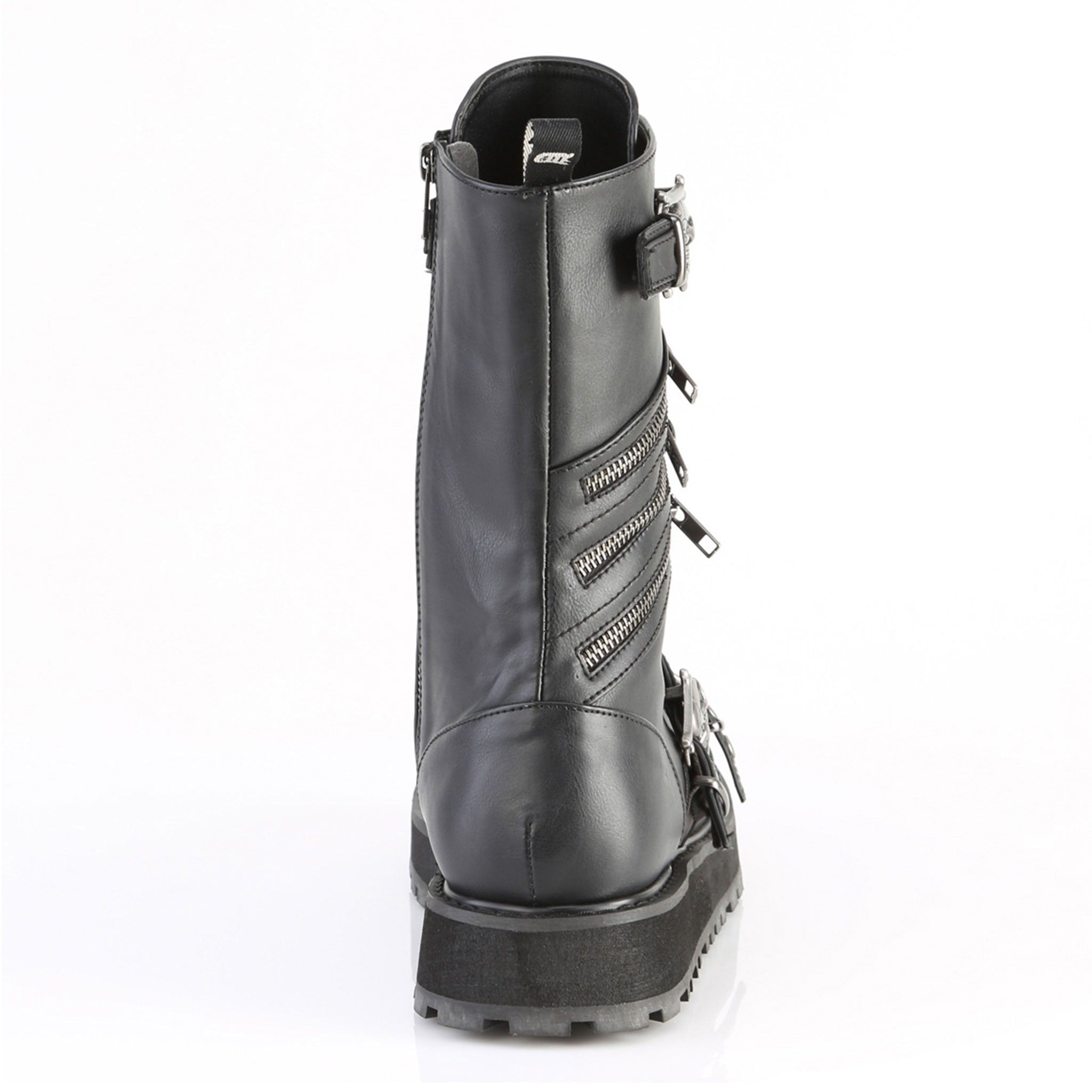 mens mid calf boot with harness strap black pu leather fetish boots gothic punk metal skull buckle o ring d ring zipper lace up platform rugged sole alternative footwear