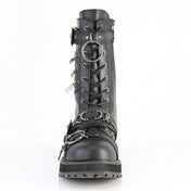 mens mid calf boot with harness strap black pu leather fetish boots gothic punk metal skull buckle o ring d ring zipper lace up platform rugged sole alternative footwear