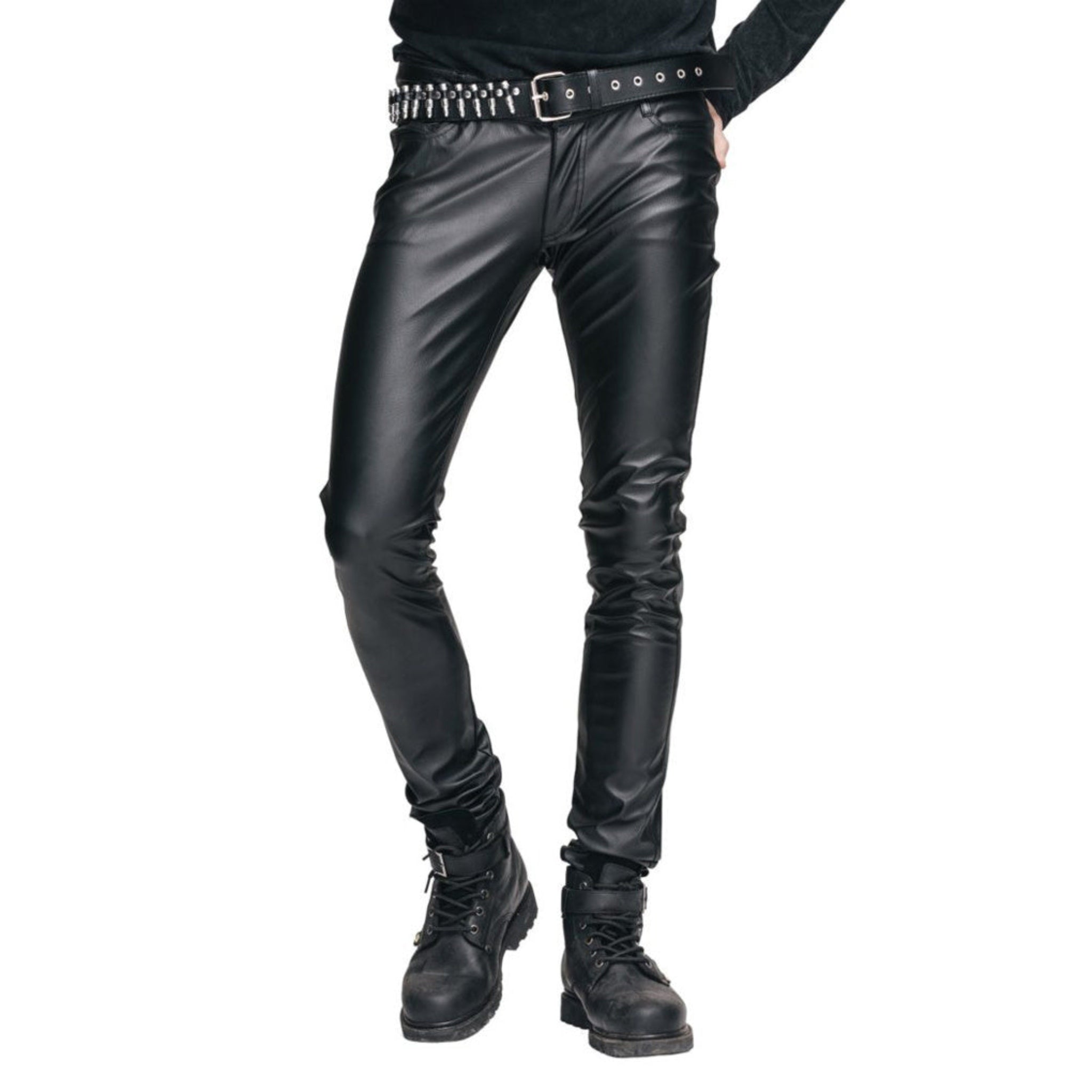 men’s punk slim cut pvc jeans synthetic leather pants glossy black skull button slim fit gothic fetish wear alt fashion