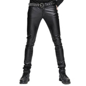 PVC synthetic-leather leather apparel bottoms pants jeans slim-cut slim-fit textured skull-and-crossbones zipper front-zip zipper-fly button-closure skull-button sharp rebellious high-shine glossy stretchy fetish fetishwear fashion alt-fashion punk goth gothic cyber male masculine masc mens guys dudes black